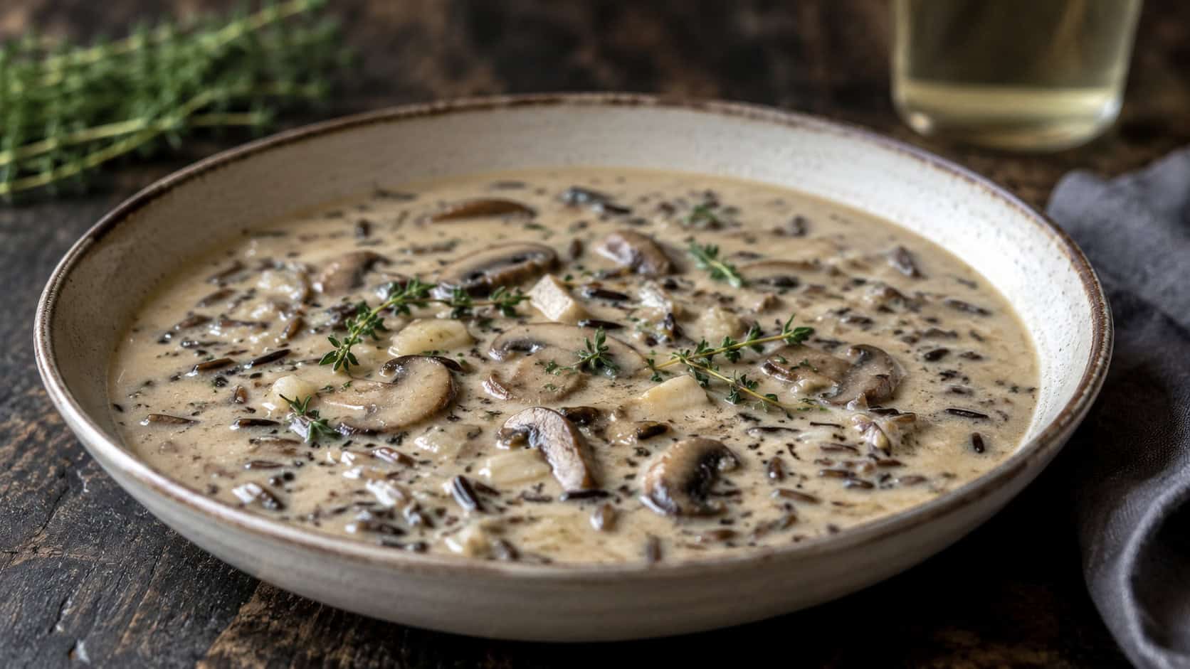 a creamy mushroom and wild rice soup in a wide bowl, beige broth flecked with dark wild rice, sliced mushrooms, and fresh thyme, on a moody dark wooden table, natural light, shallow depth of field, landscape orientation