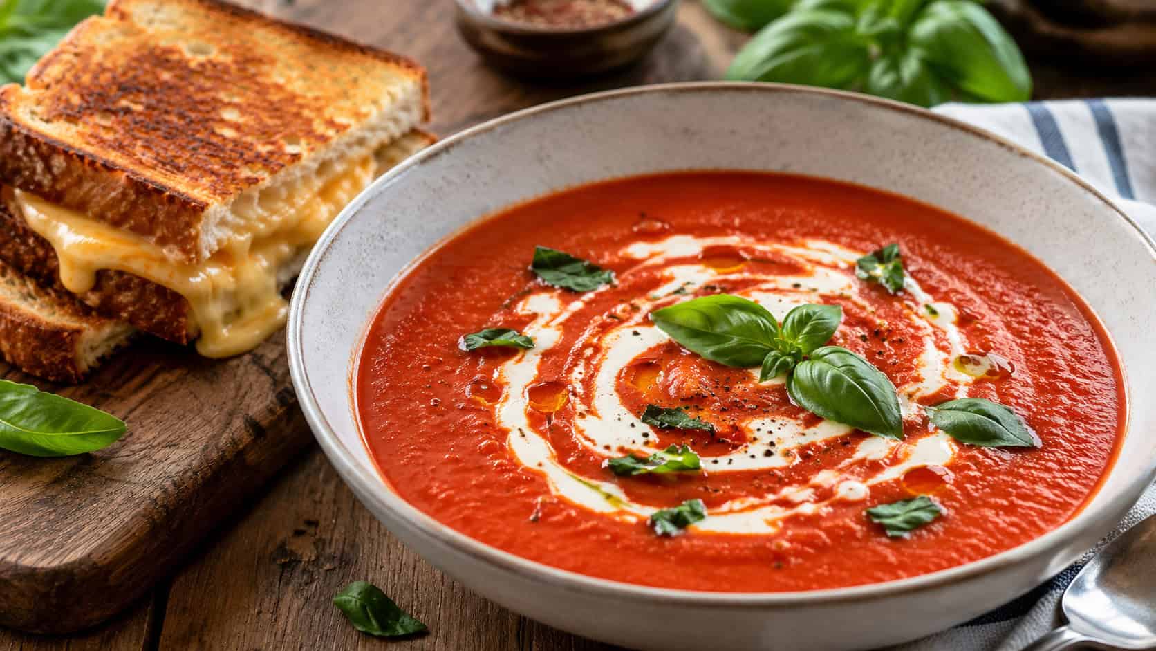 a rustic tomato basil soup in a wide bowl, deep red and smooth with a cream swirl and fresh basil leaves on top, beside a grilled cheese on a wooden board, natural light, shallow depth of field, landscape orientation