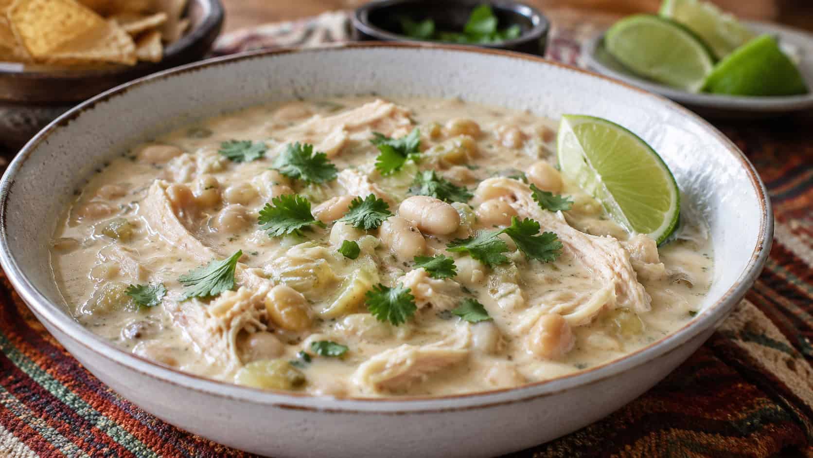 a creamy white bean chicken chili in a wide bowl, pale and hearty with shredded chicken, white beans, topped with cilantro and a lime wedge, on a southwestern-style table, natural light, shallow depth of field, landscape orientation