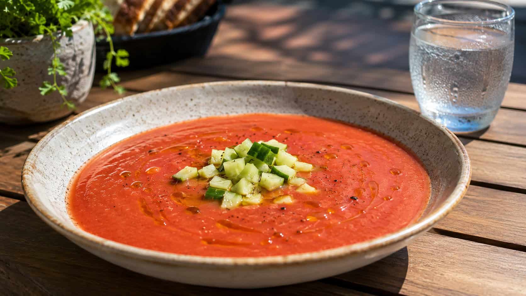 a chilled gazpacho in a wide shallow bowl, smooth bright red soup with a drizzle of olive oil and diced cucumber garnish, condensation on a glass beside it, on a sunlit patio table, natural light, shallow depth of field, landscape orientation