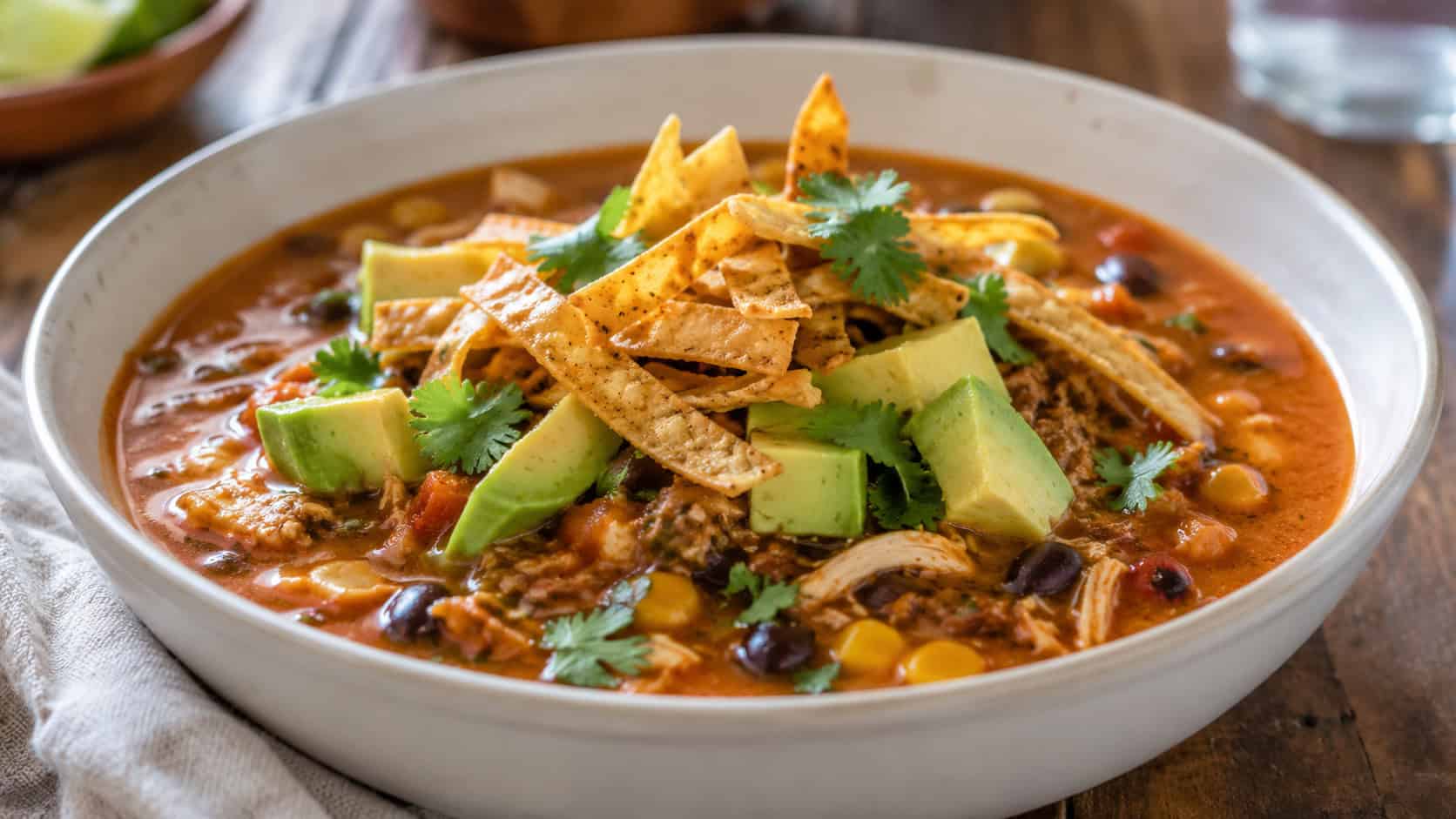 a Southwestern chicken tortilla soup in a wide bowl, red-orange broth with shredded chicken, corn, black beans, topped with crispy tortilla strips, avocado, and cilantro, on a rustic table, natural light, shallow depth of field, landscape orientation