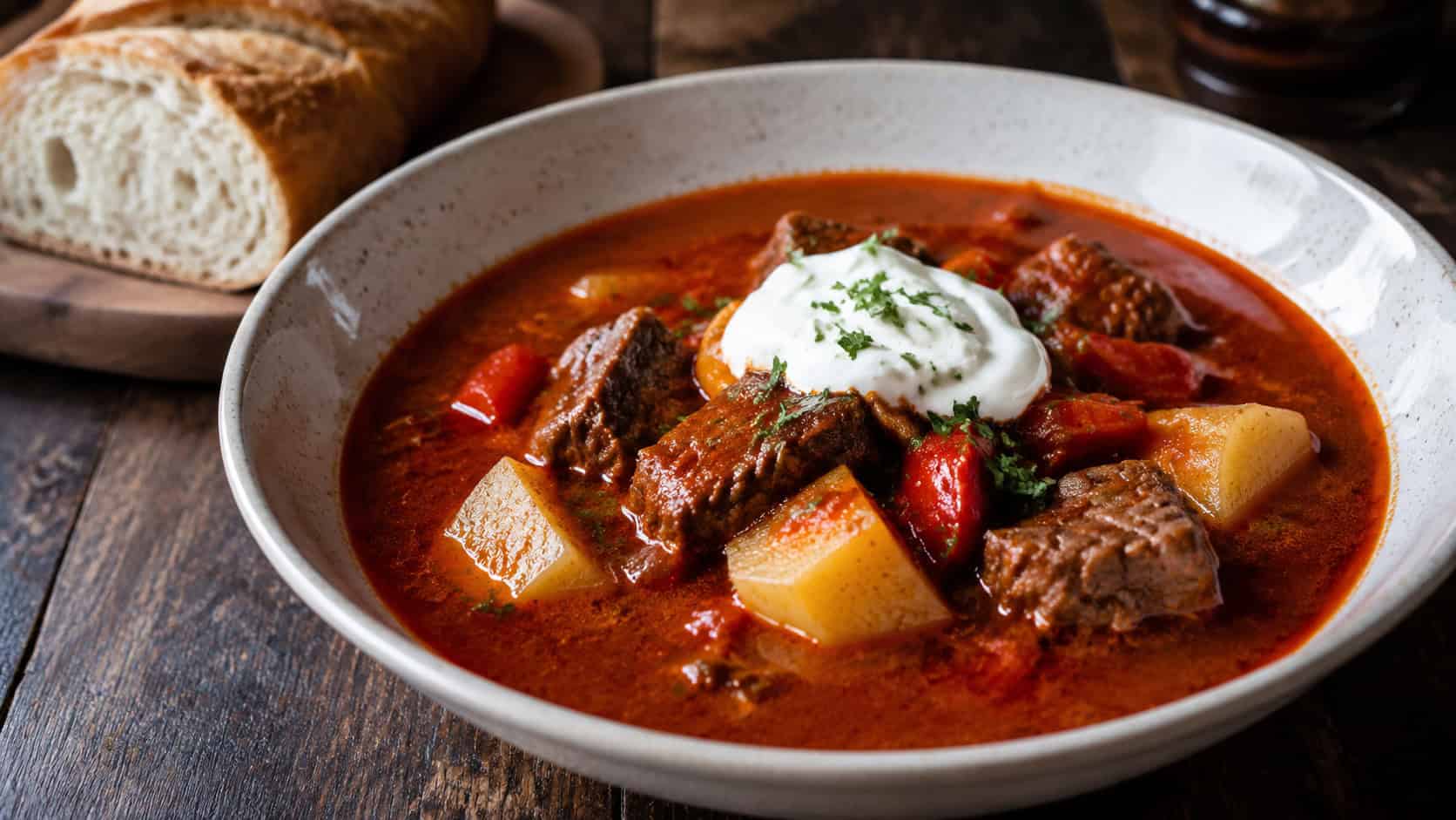 a Hungarian goulash soup in a wide bowl, deep red paprika broth with tender beef chunks, potatoes, and peppers, a dollop of sour cream on top, on a rustic dark table with bread, natural light, shallow depth of field, landscape orientation