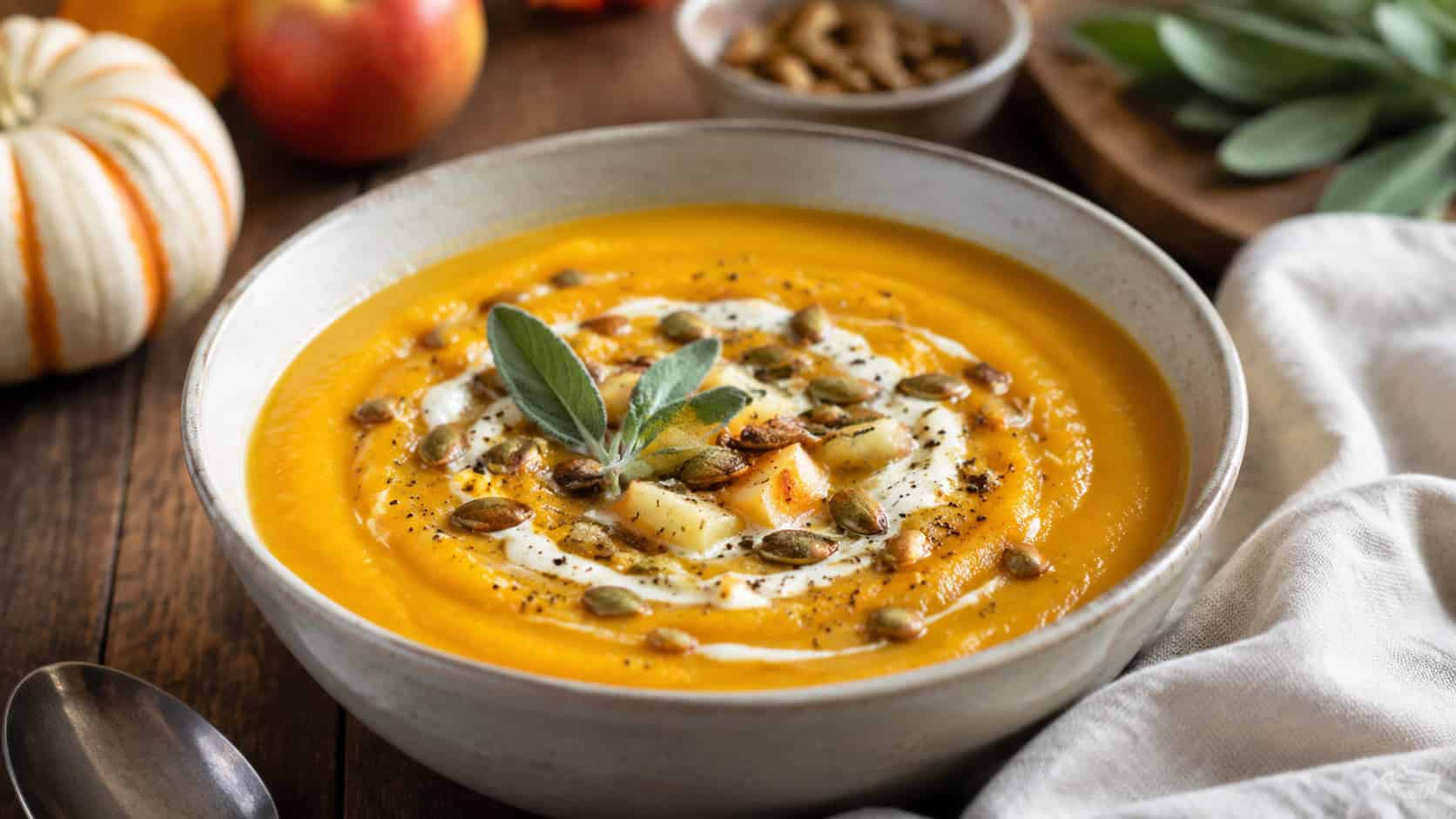 a silky butternut squash and apple soup in a wide bowl, warm golden-orange with a cream swirl, fresh sage, and toasted pumpkin seeds, on a cozy autumn table with a linen napkin, natural light, shallow depth of field, landscape orientation