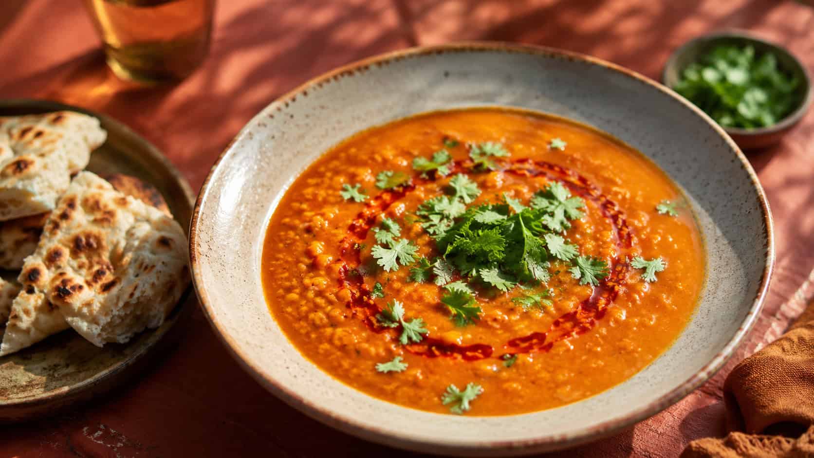 a spiced Moroccan red lentil soup in a wide ceramic bowl, deep orange and topped with fresh cilantro and a swirl of harissa, on a warm terracotta tabletop with flatbread alongside, natural light, shallow depth of field, landscape orientation