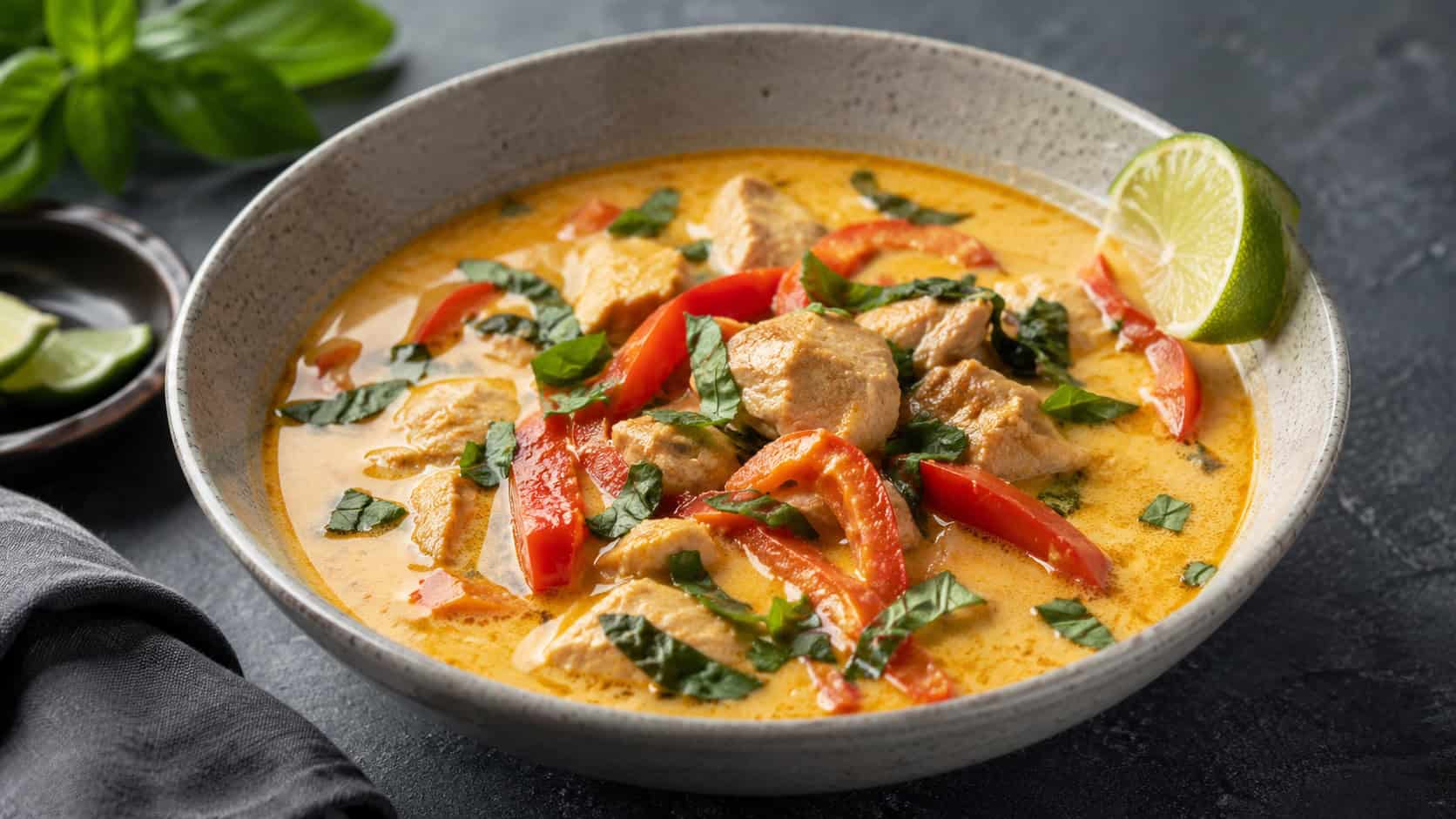 a Thai coconut curry soup in a wide bowl, golden broth with sliced red peppers, chicken, and torn basil, lime wedge on the rim, set on a dark slate table, natural light, shallow depth of field, landscape orientation