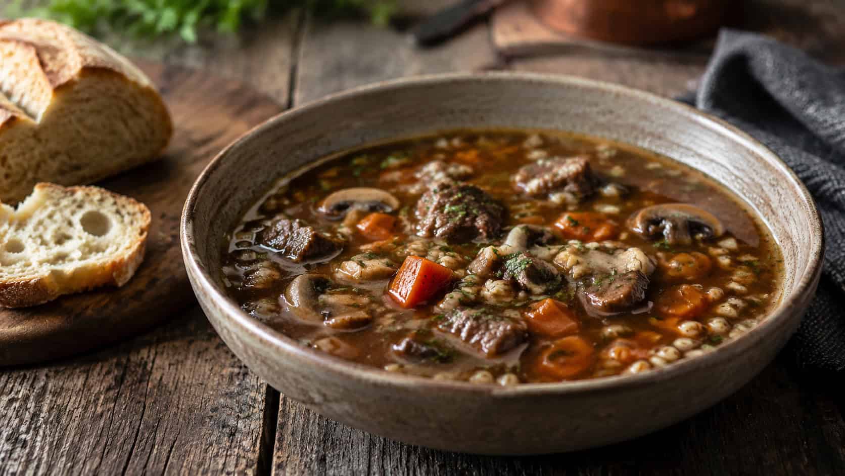 a hearty beef and barley soup in a wide rustic bowl, dark savory broth with visible beef chunks, barley, carrots, and mushrooms, on a weathered wooden farmhouse table beside crusty bread, natural light, shallow depth of field, landscape orientation