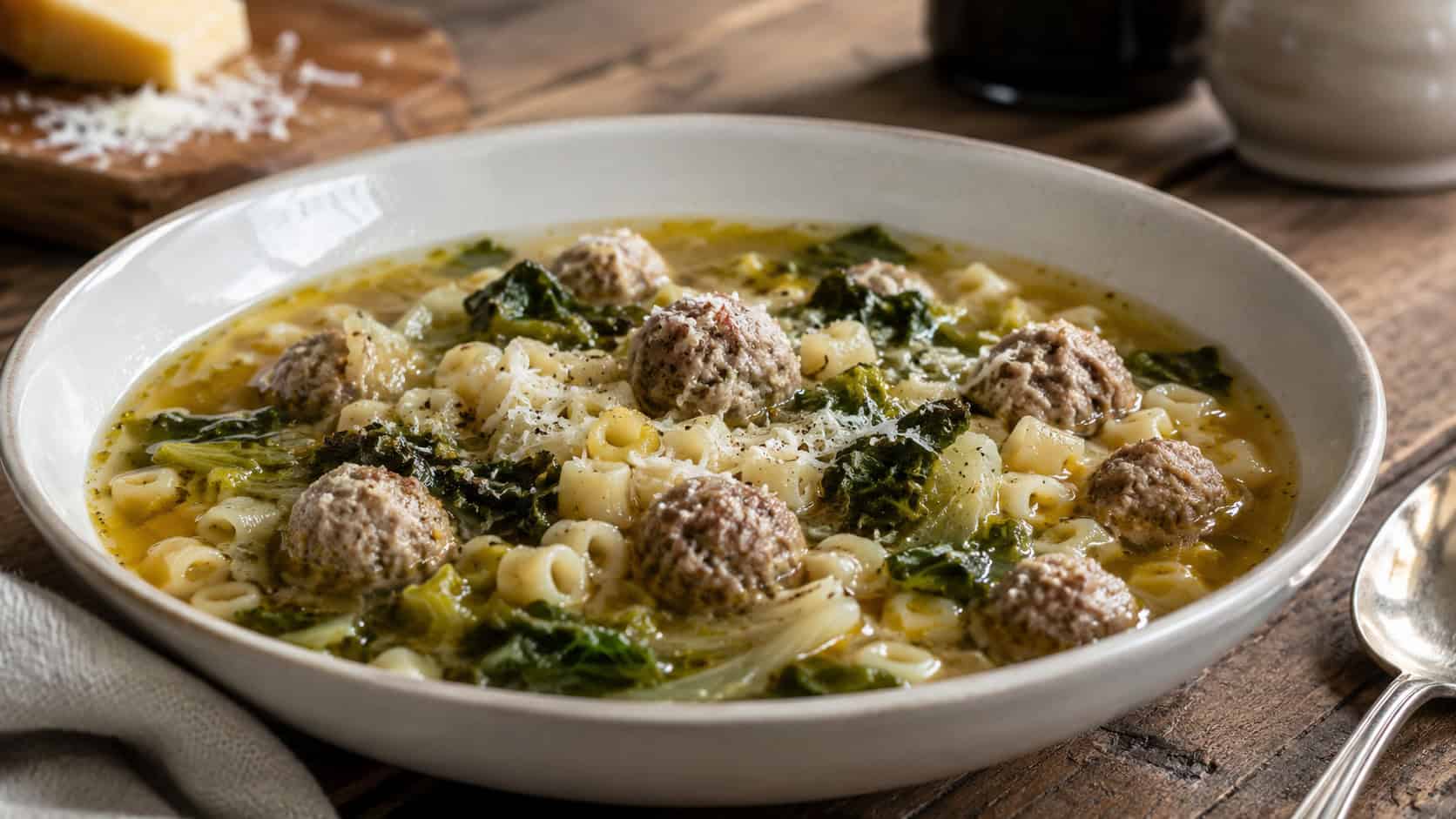 Italian wedding soup in a wide shallow bowl, golden broth dotted with tiny meatballs, small pasta, and green escarole, dusted with Parmesan, on a rustic kitchen table, natural light, shallow depth of field, landscape orientation