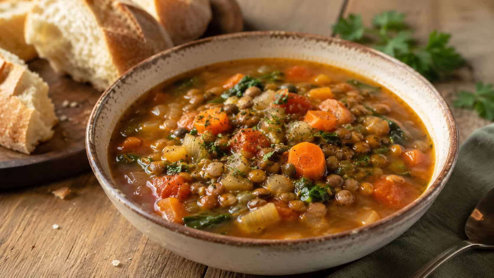 a bowl of hearty vegetable lentil soup, in a wide horizontal shot, colorful carrots and lentils in a savory broth, on a rustic wooden table with crusty bread, warm natural light, shallow depth of field, landscape orientation