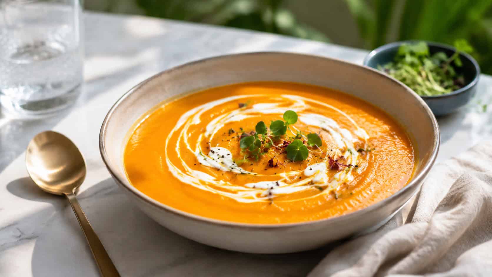 smooth ginger carrot and coconut soup in a bowl, in a wide horizontal shot, vibrant orange soup with a coconut swirl and microgreens, on a bright table, natural light, shallow depth of field, landscape orientation
