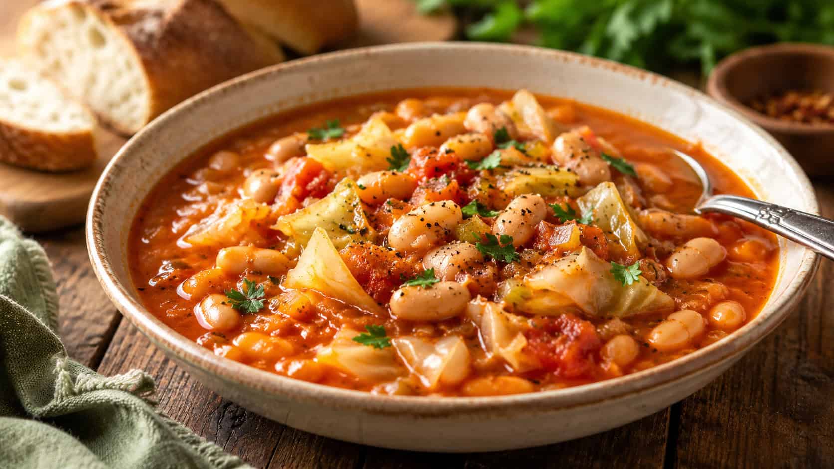 savory cabbage and white bean stew in a bowl, in a wide horizontal shot, hearty beans and cabbage in a tomato broth, on a rustic wooden table, warm natural light, shallow depth of field, landscape orientation