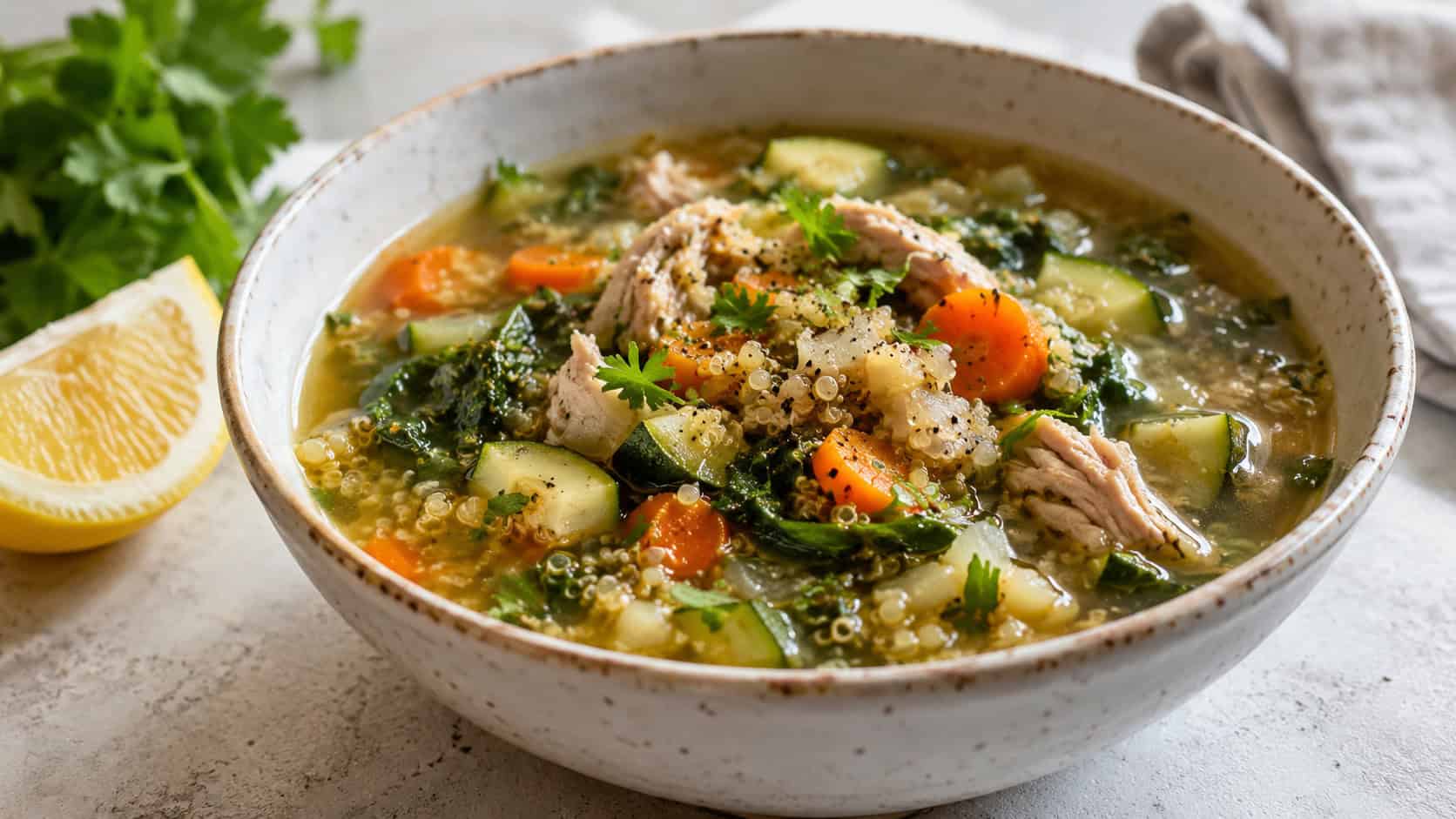 turkey and quinoa vegetable soup in a bowl, in a wide horizontal shot, colorful zucchini, carrots, and greens in a light broth, on a bright table with a lemon wedge, natural light, shallow depth of field, landscape orientation