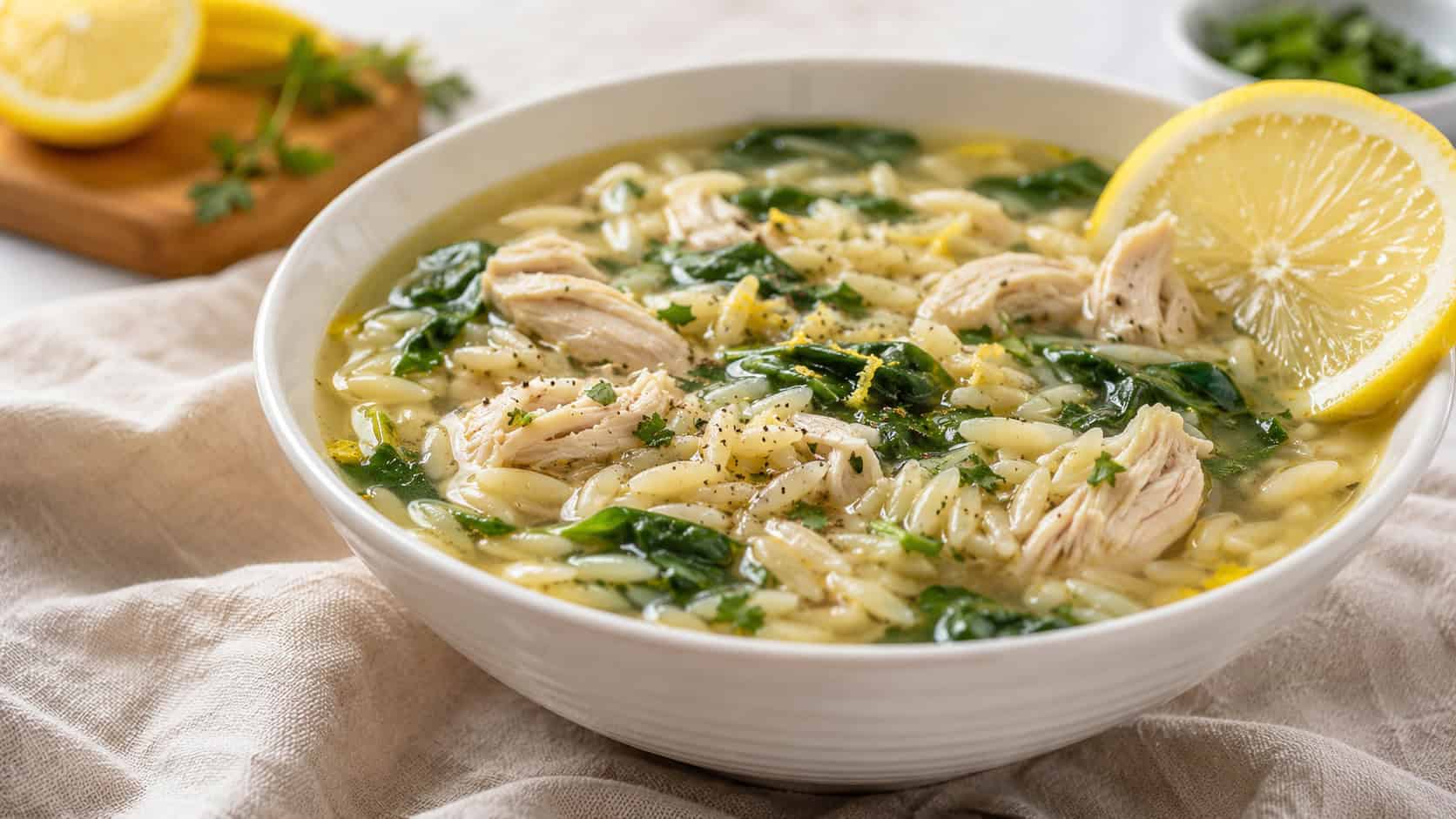 zesty lemon chicken orzo soup in a white bowl, in a wide horizontal shot, with spinach, orzo, and a lemon slice on the rim, on a linen napkin, bright natural light, shallow depth of field, landscape orientation