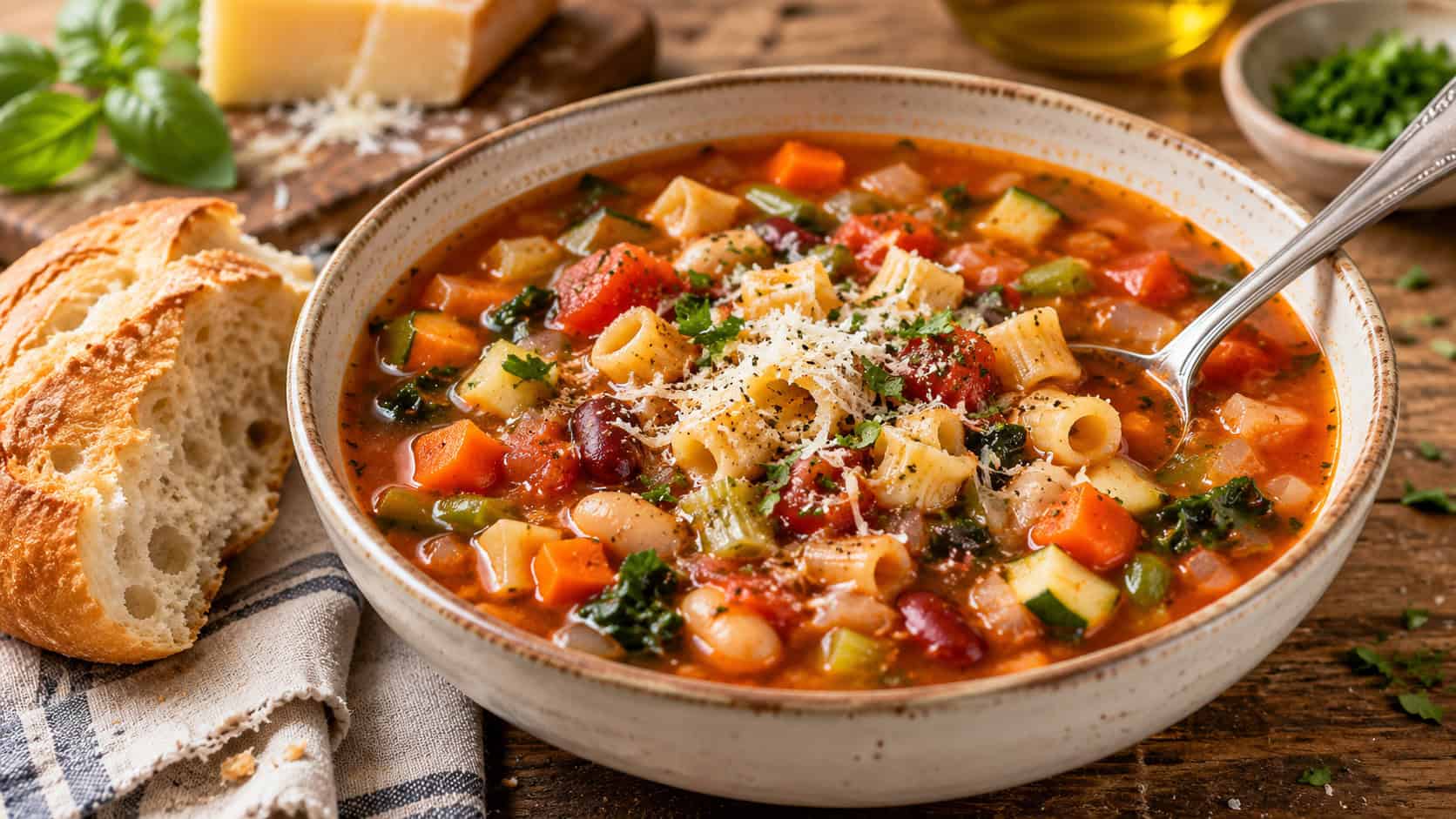 classic minestrone soup in a bowl, in a wide horizontal shot, colorful vegetables, beans, and pasta topped with parmesan, on a rustic wooden table, warm natural light, shallow depth of field, landscape orientation