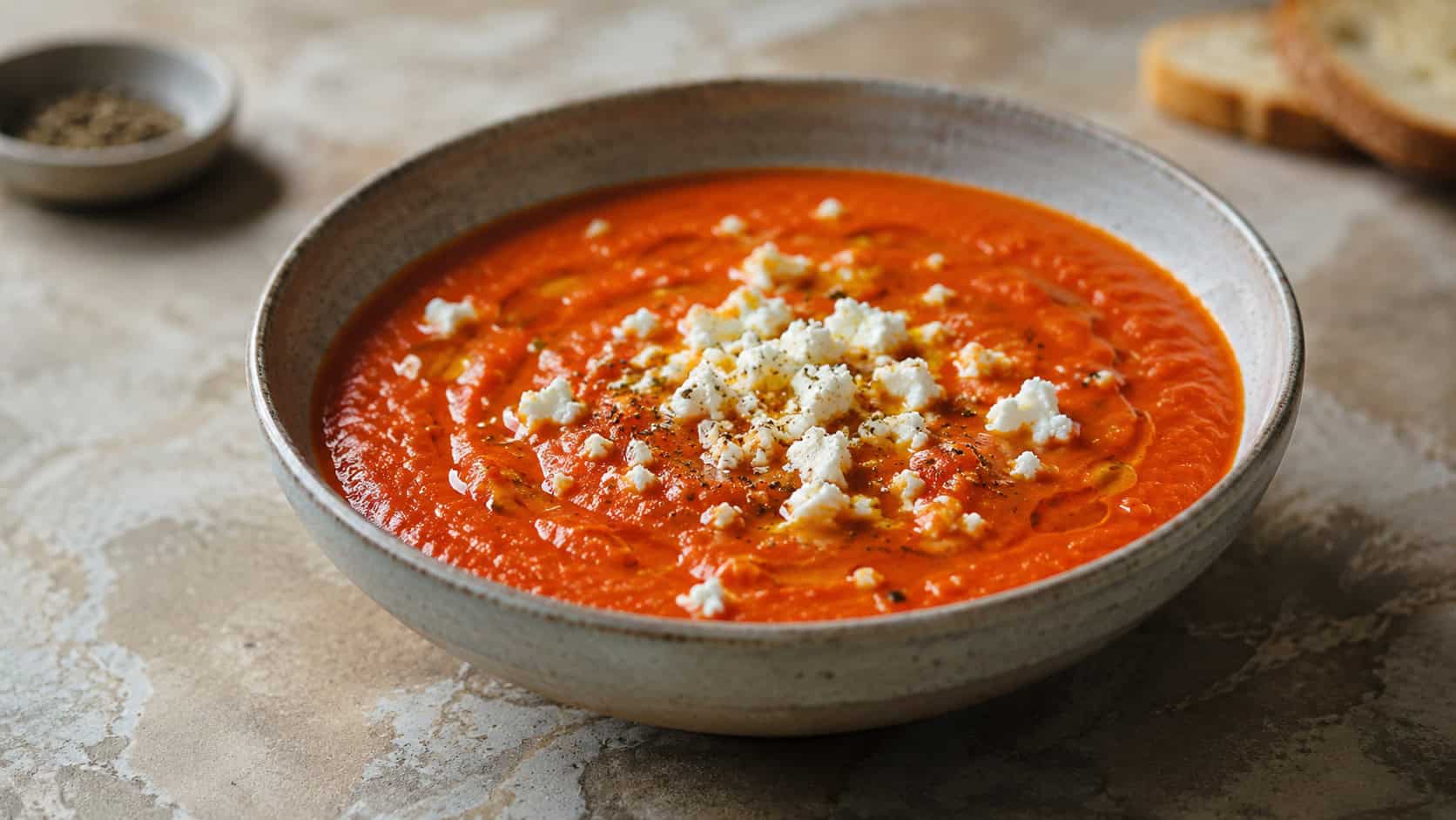 roasted red pepper and feta soup in a bowl, in a wide horizontal shot, deep red soup topped with crumbled feta and a drizzle of oil, on a stone table, soft natural light, shallow depth of field, landscape orientation