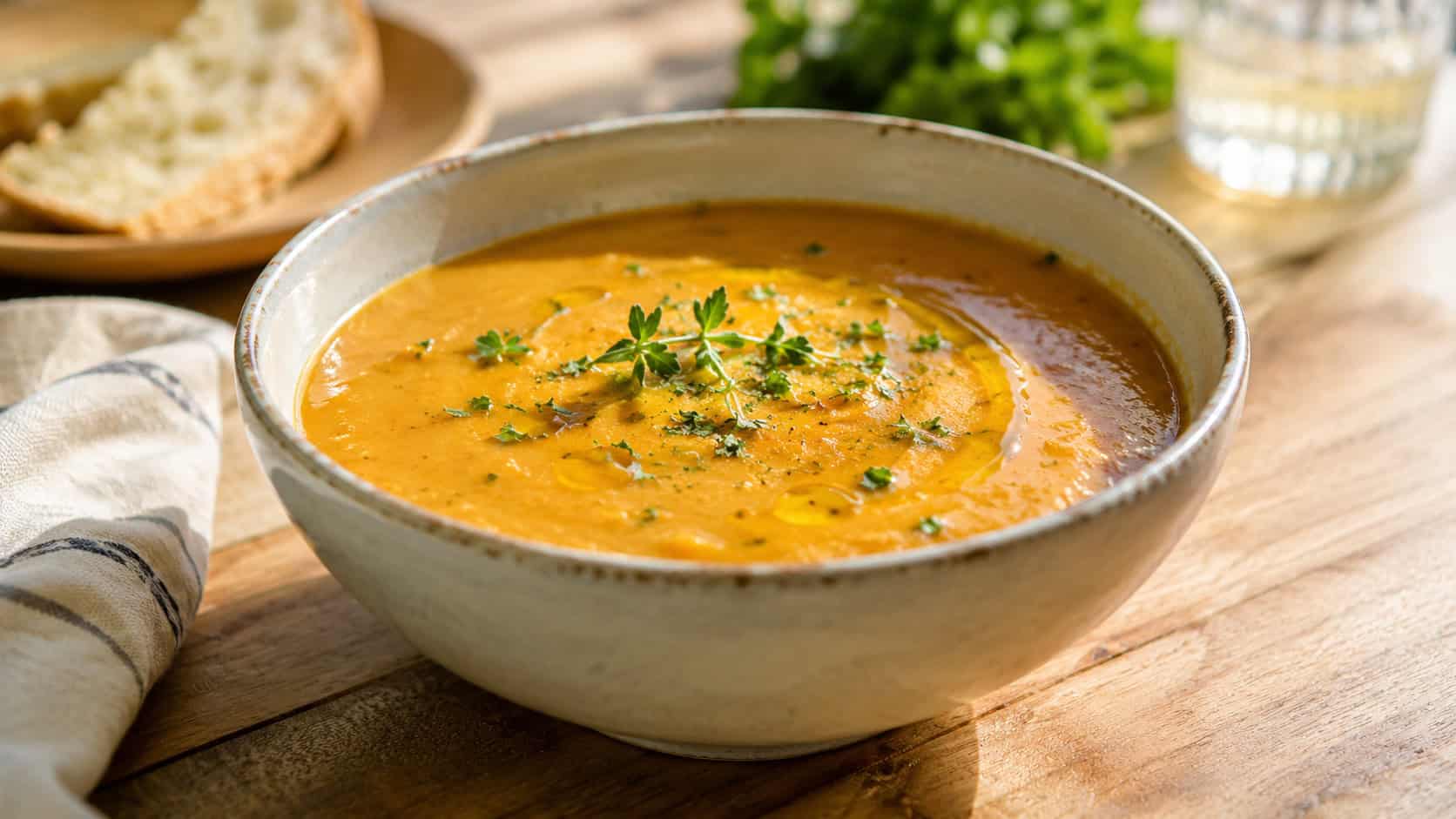 herbed tomato and zucchini bisque in a bowl, in a wide horizontal shot, smooth soup garnished with fresh herbs and a drizzle of oil, on a sunny table, bright natural light, shallow depth of field, landscape orientation