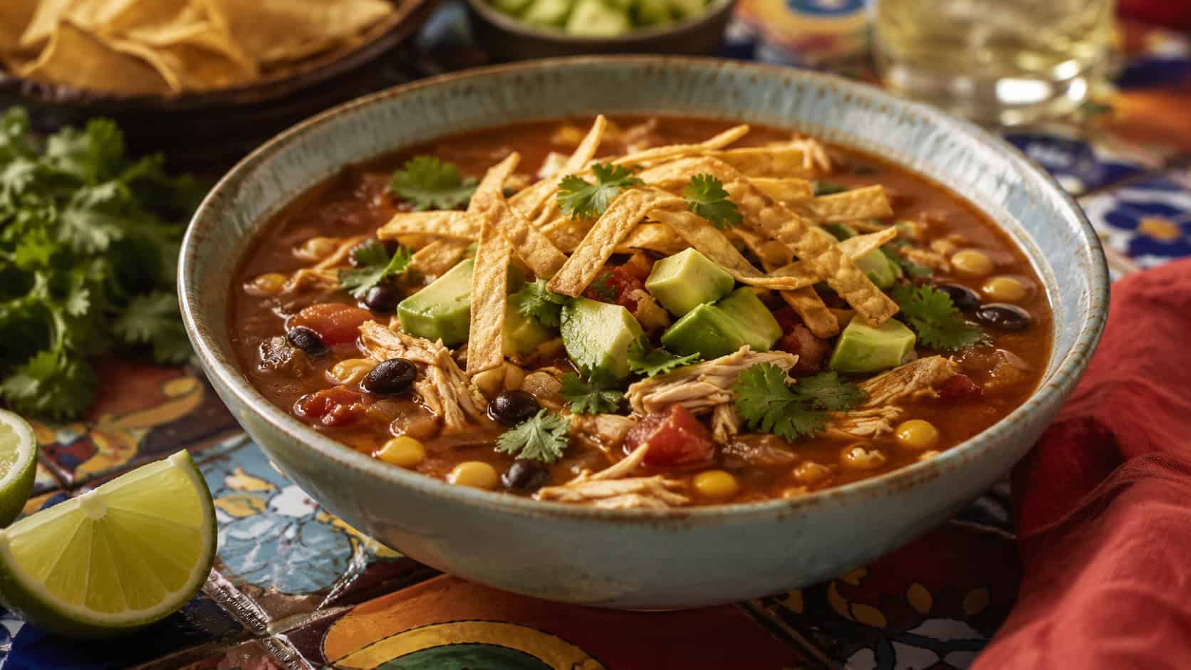 southwest chicken tortilla soup in a bowl, in a wide horizontal shot, topped with crispy tortilla strips, avocado, and cilantro, on a colorful table with a lime wedge, warm natural light, shallow depth of field, landscape orientation