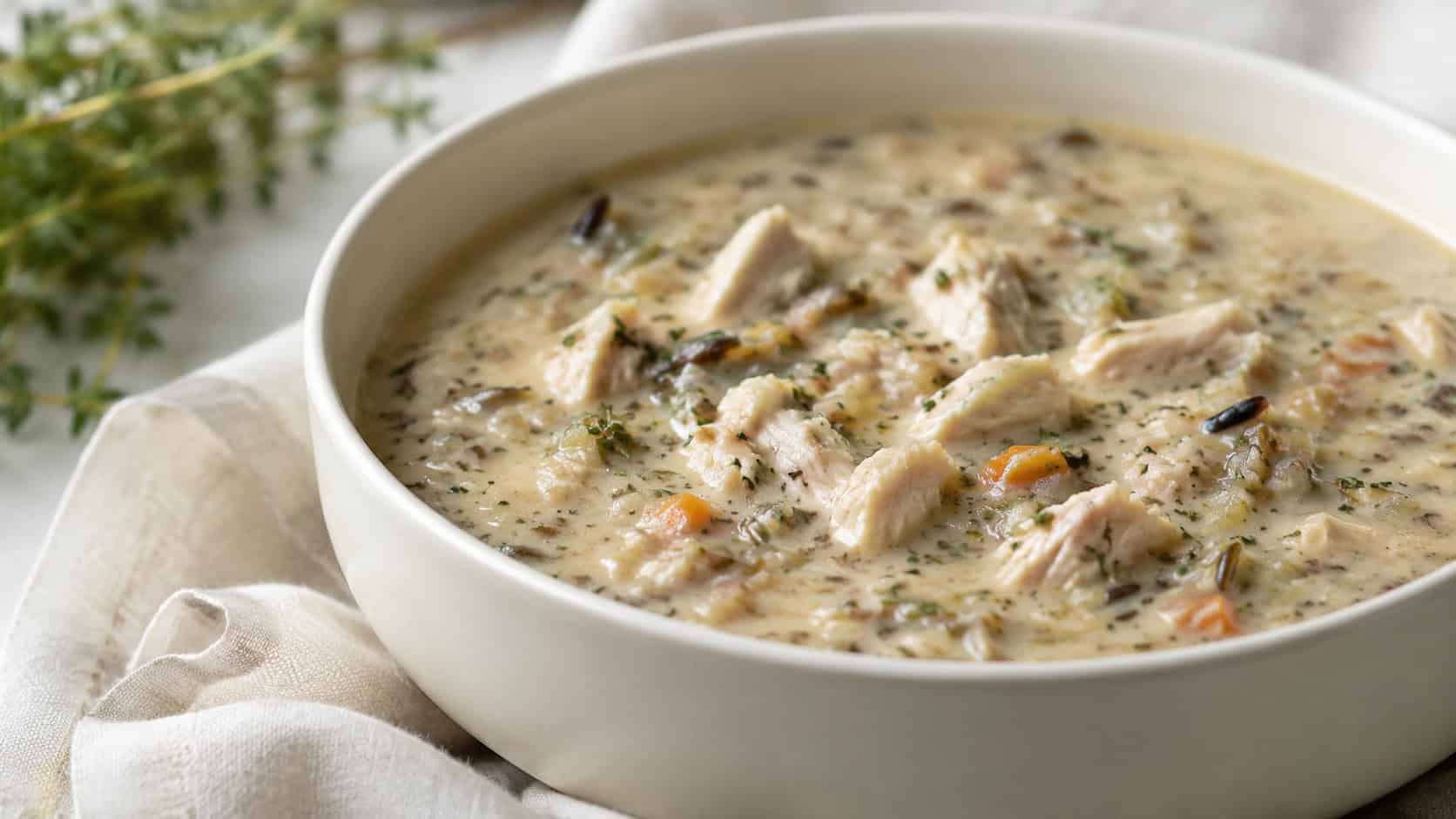 creamy chicken and wild rice soup in a white bowl, in a wide horizontal shot, flecks of herbs and tender rice in a velvety broth, on a linen napkin, soft natural light, shallow depth of field, landscape orientation
