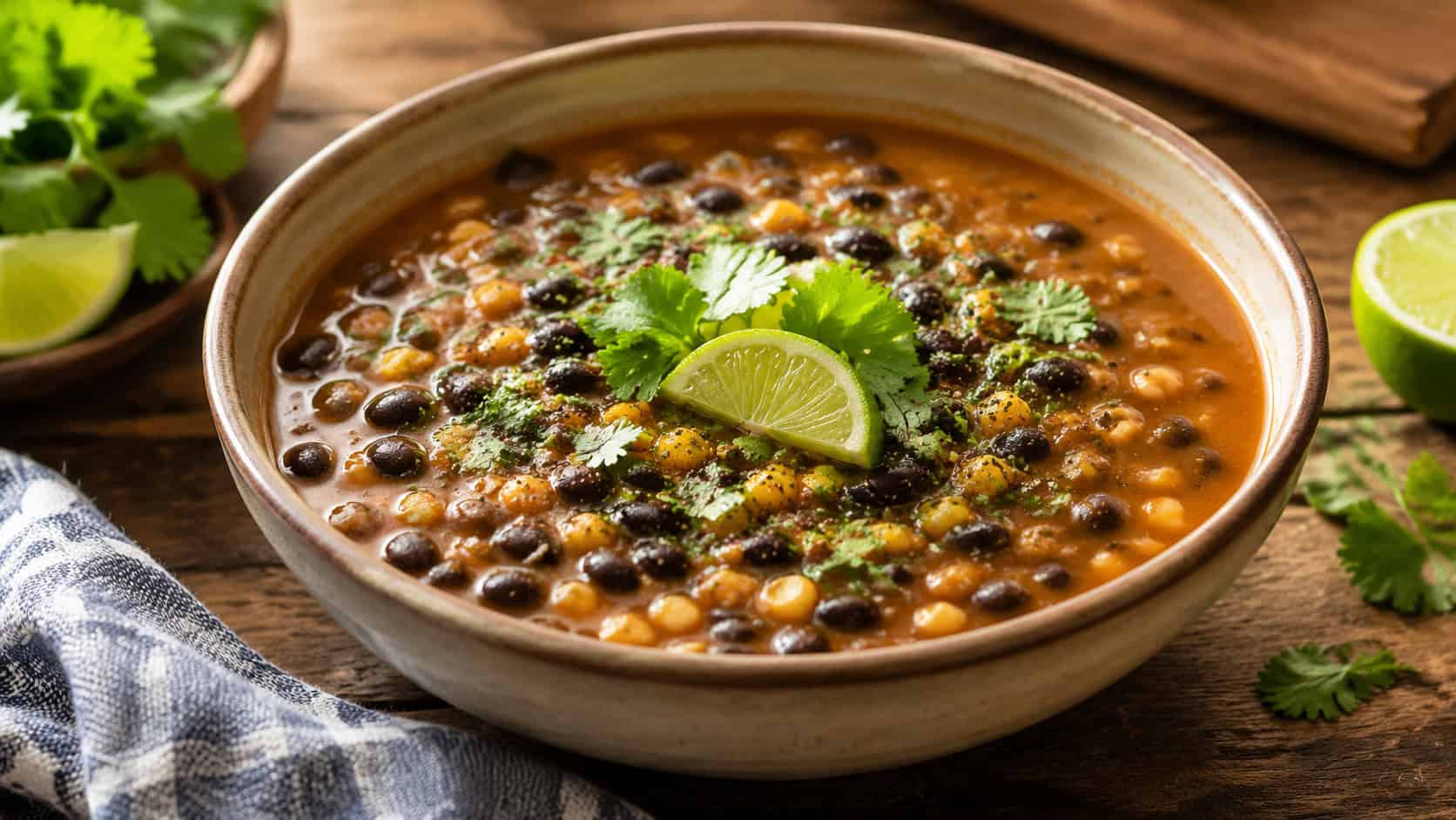 spicy black bean and corn chowder in a bowl, in a wide horizontal shot, topped with cilantro and lime, hearty beans and corn visible, on a rustic table, warm natural light, shallow depth of field, landscape orientation