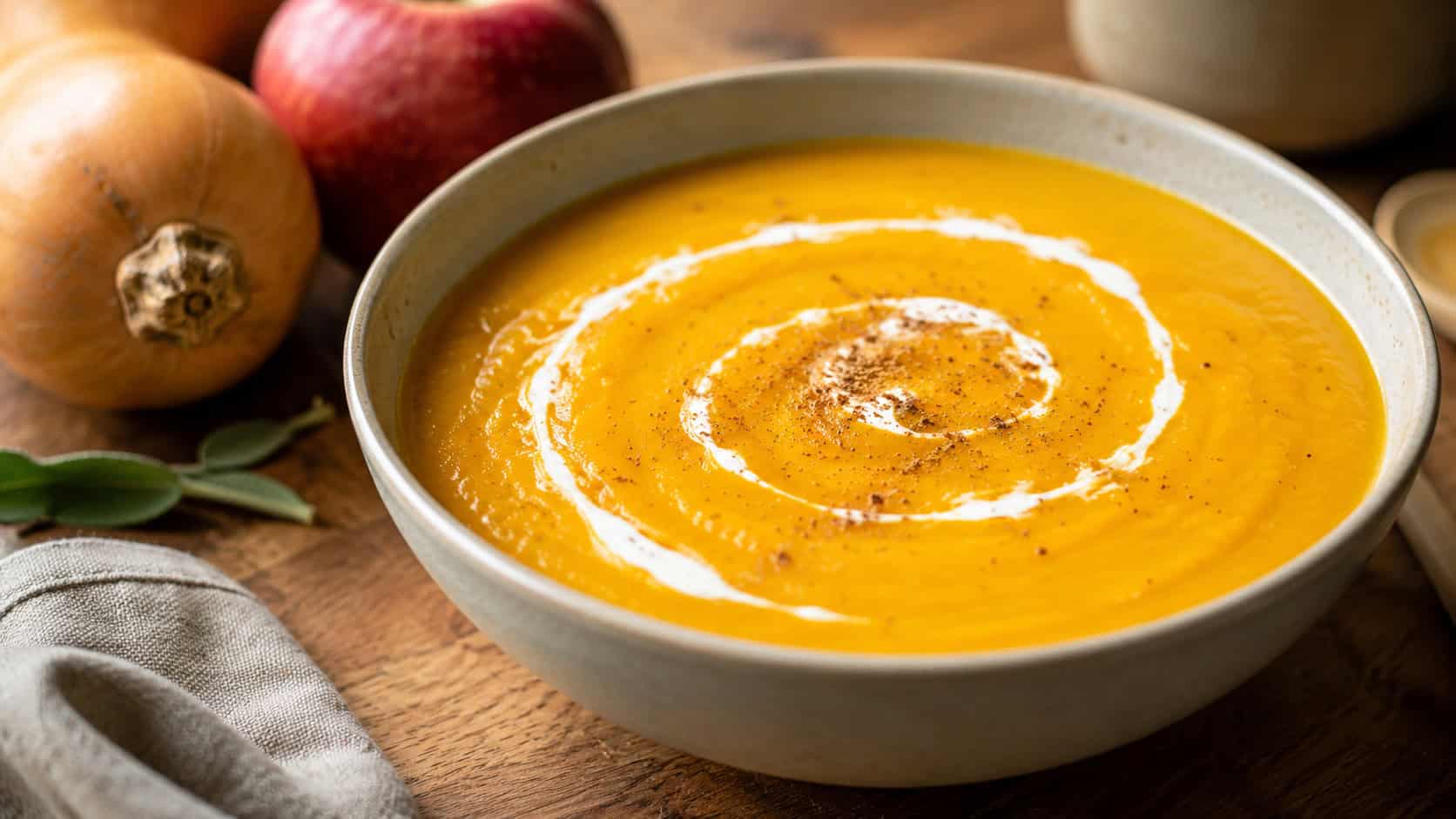 smooth butternut squash and apple bisque in a bowl, in a wide horizontal shot, vibrant orange soup with a swirl of cream and a sprinkle of nutmeg, on a wooden board, warm natural light, shallow depth of field, landscape orientation