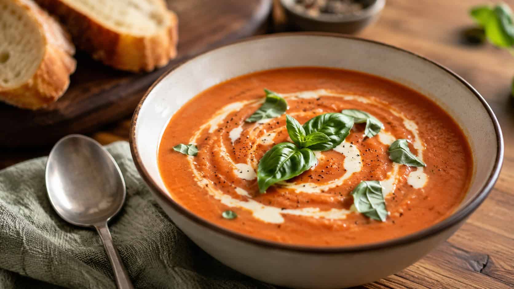 creamy tomato basil soup in a bowl, in a wide horizontal shot, a swirl of cream and fresh basil leaves on top, on a cozy table with a spoon, warm natural light, shallow depth of field, landscape orientation