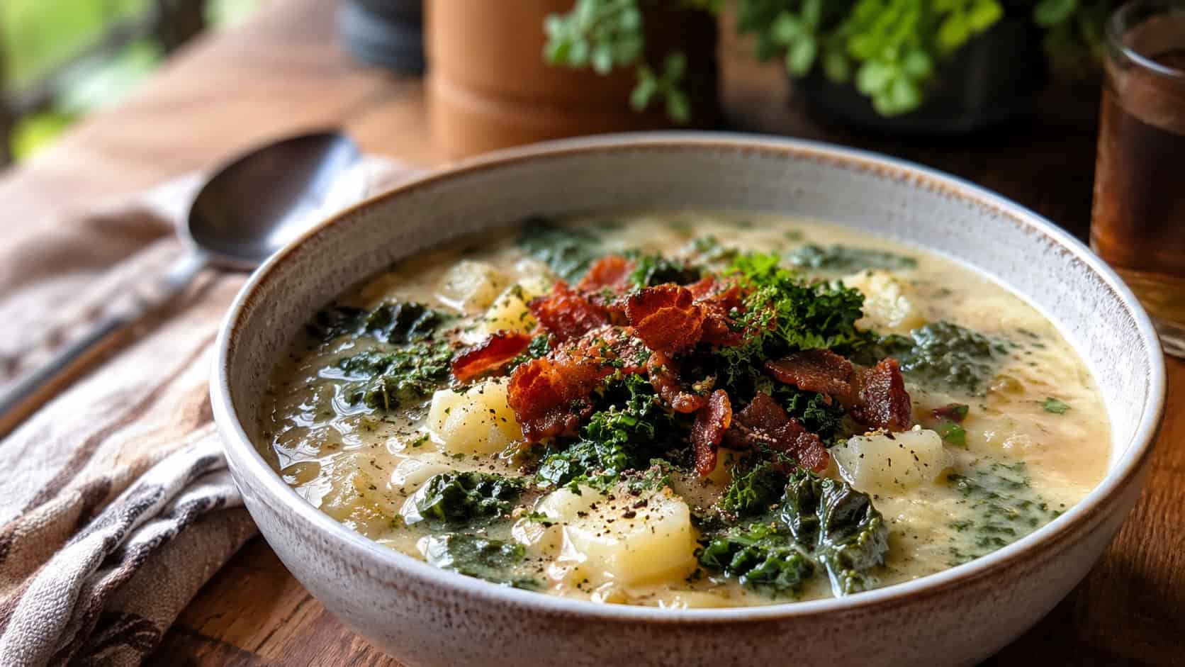 loaded potato and kale soup in a bowl, in a wide horizontal shot, topped with crispy turkey bacon bits and greens, on a wooden table, warm natural light, shallow depth of field, landscape orientation
