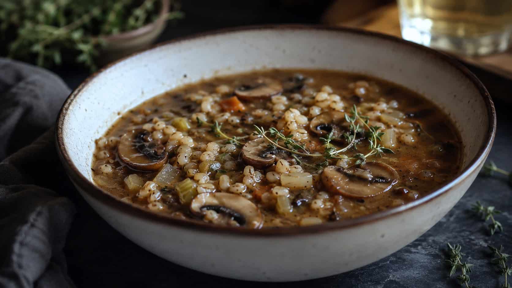 mushroom barley soup in a deep bowl, in a wide horizontal shot, earthy mushrooms and barley in a rich broth with thyme sprigs, on a dark table, soft natural light, shallow depth of field, landscape orientation
