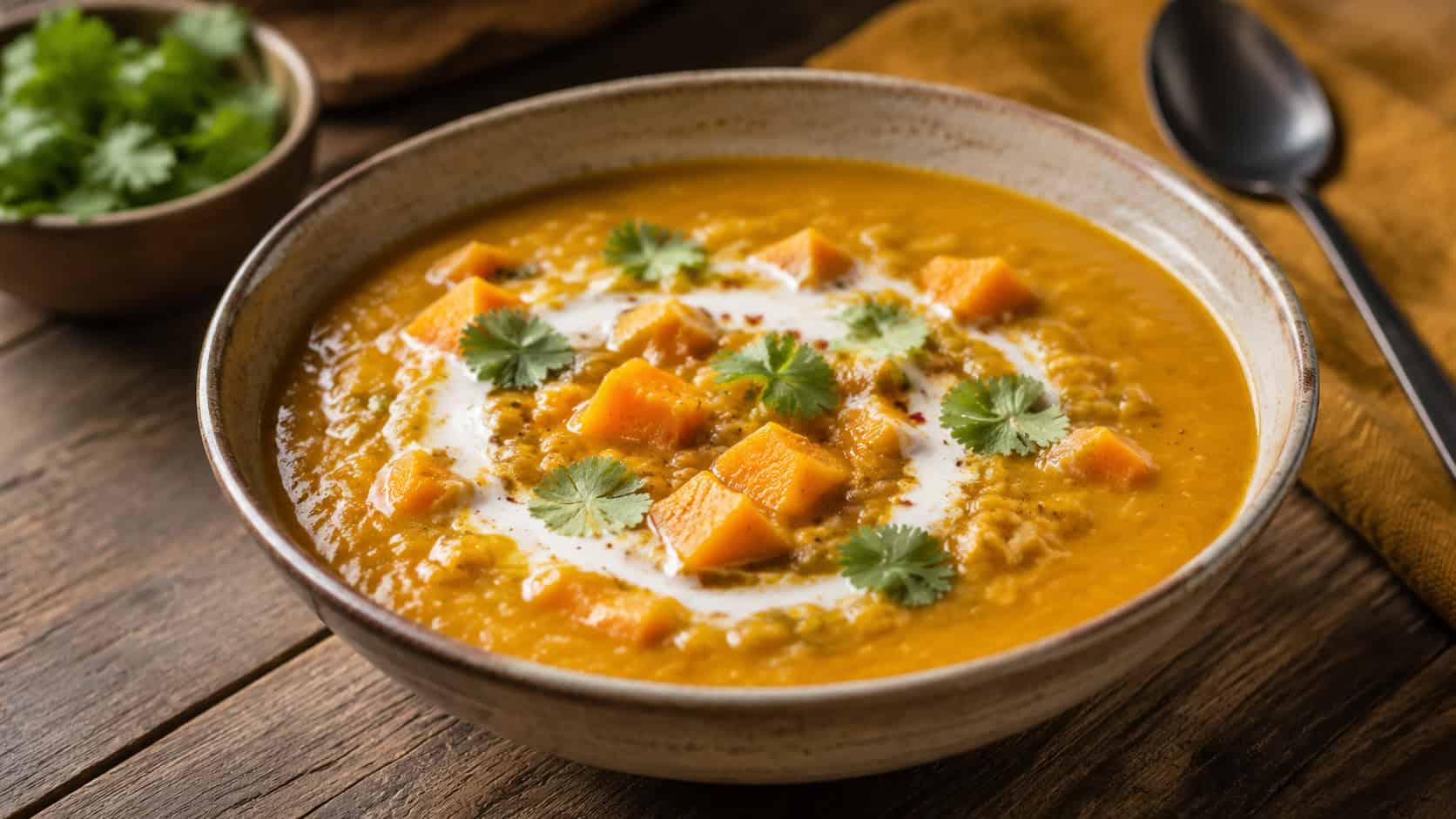 curried sweet potato and lentil soup in a bowl, in a wide horizontal shot, golden-orange soup with a coconut milk swirl and cilantro, on a rustic table, warm natural light, shallow depth of field, landscape orientation