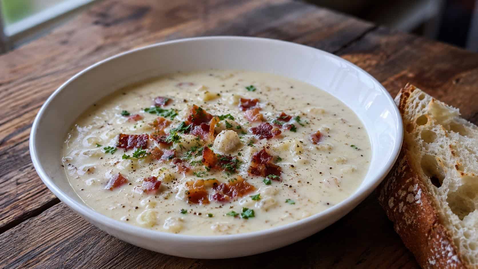 a creamy New England clam chowder in a wide white bowl, scattered with crisp bacon, fresh parsley, and cracked pepper, a hunk of crusty sourdough alongside, on a rustic wood table, natural window light, shallow depth of field, landscape orientation