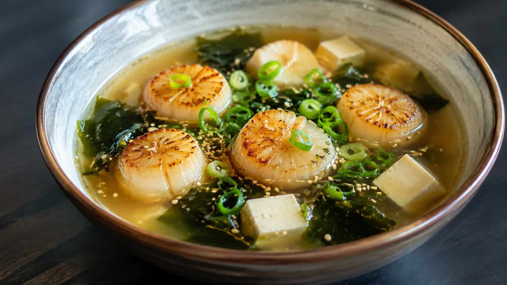 a Japanese miso soup in a wide bowl, golden-seared scallops floating on a clear broth with silken tofu cubes and wakame, garnished with green onions and sesame seeds, on a dark minimalist table, natural light, shallow depth of field, landscape orientation