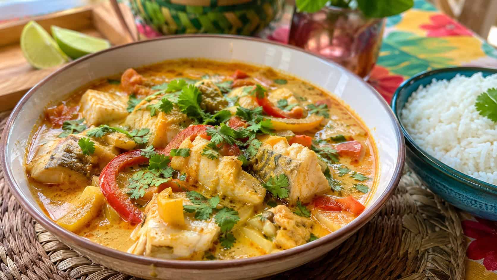 a Brazilian moqueca in a wide bowl, chunks of sea bass with red and yellow peppers in a creamy coconut-lime broth, topped with fresh cilantro, a side of white rice, on a bright tropical table, natural light, shallow depth of field, landscape orientation