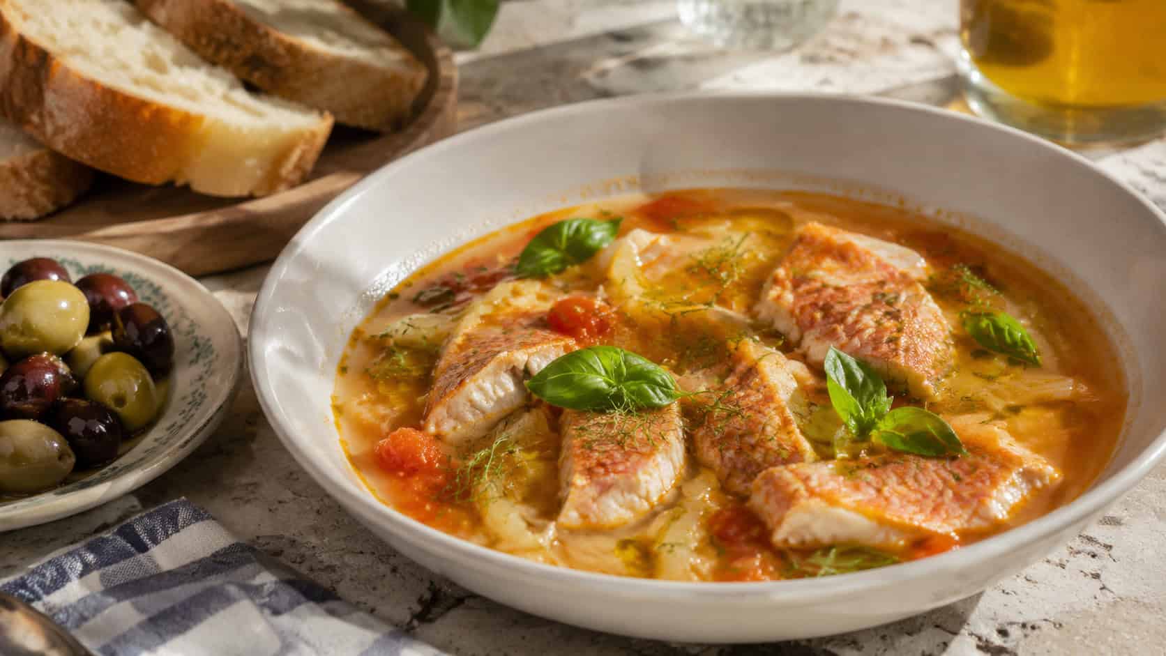 a Mediterranean fish soup in a wide bowl, pieces of red mullet in a light tomato-fennel broth, garnished with fresh basil and a drizzle of olive oil, with olives and bread nearby, on a sunlit stone table, natural light, shallow depth of field, landscape orientation