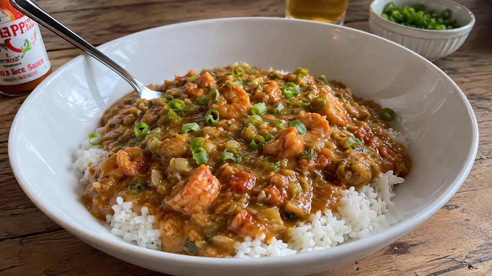 Cajun crawfish etouffee in a wide bowl, a thick rust-colored stew of crawfish tails ladled over a mound of white rice, garnished with green onions, hot sauce nearby, on a rustic wood table, natural light, shallow depth of field, landscape orientation