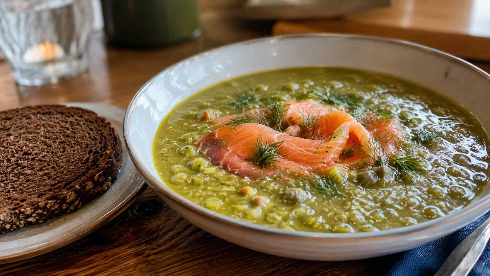 a thick Dutch split pea soup in a wide bowl, deep green and hearty, draped with ribbons of smoked salmon and fresh dill, a slice of dark rye bread alongside, on a cozy wood table, natural light, shallow depth of field, landscape orientation