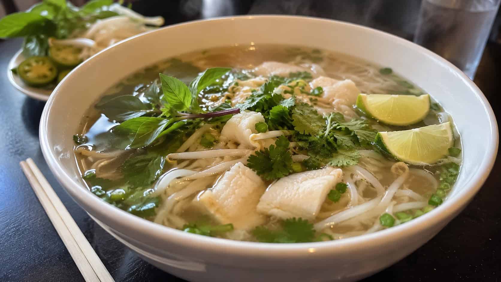 a steaming bowl of fish pho in a wide bowl, rice noodles and flaky white fish in clear amber broth, topped with fresh basil, cilantro, bean sprouts, and lime wedges, on a dark table with chopsticks, natural light, shallow depth of field, landscape orientation