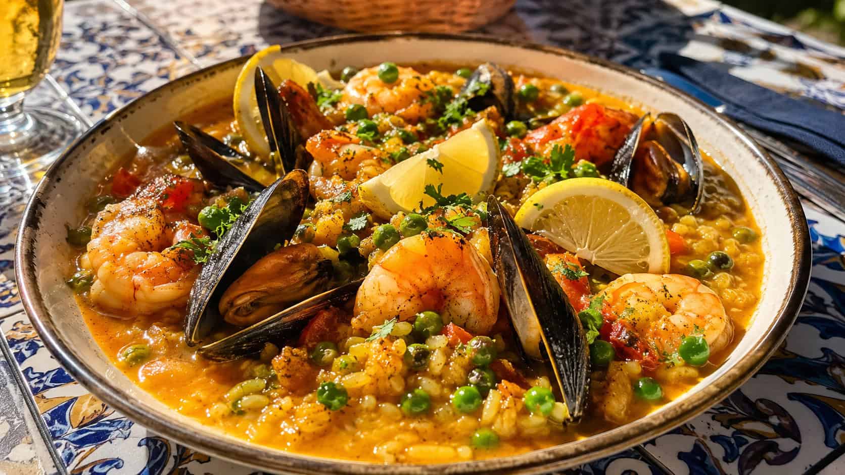 a saffron-gold seafood paella soup in a wide shallow bowl, plump mussels and pink shrimp over golden rice with peas, garnished with parsley and lemon wedges, on a sunny tiled table, natural light, shallow depth of field, landscape orientation