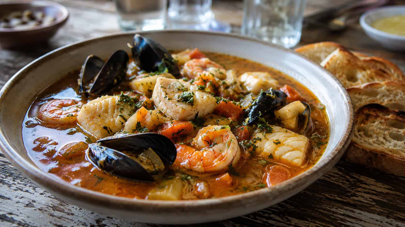 a rustic French bouillabaisse in a wide bowl, chunks of white fish, mussels, and shrimp in a golden saffron-tomato broth, scattered with fresh herbs, toasted baguette slices on the side, on a weathered wood table, natural light, shallow depth of field, landscape orientation