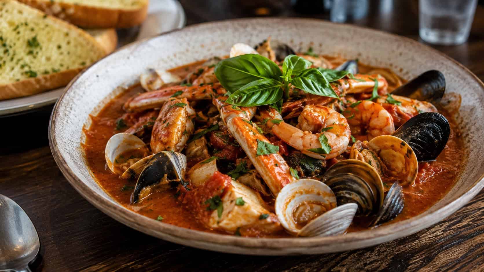a hearty Italian cioppino in a wide rustic bowl, crab legs, clams, shrimp, and fish in a deep red tomato-wine broth, fresh basil on top, garlic bread on the side, on a dark wood table, natural light, shallow depth of field, landscape orientation