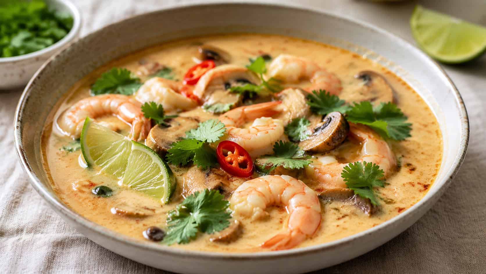 a creamy Thai coconut shrimp soup in a wide bowl, pink shrimp and mushrooms in a pale golden broth, garnished with cilantro, red chili slices, and lime wedges, on a light linen surface, natural light, shallow depth of field, landscape orientation