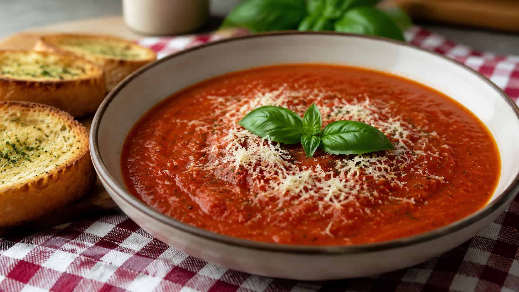 an Italian herb tomato soup in a wide bowl topped with grated parmesan and a basil sprig, in a wide horizontal shot, on a checkered cloth beside garlic bread, natural light, shallow depth of field, landscape orientation