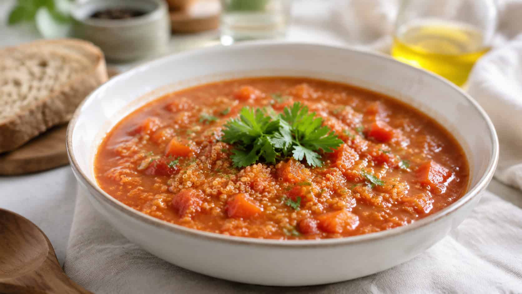 a hearty tomato soup studded with fluffy quinoa in a wide bowl with a parsley garnish, in a wide horizontal shot, on a bright wholesome table setting, natural light, shallow depth of field, landscape orientation