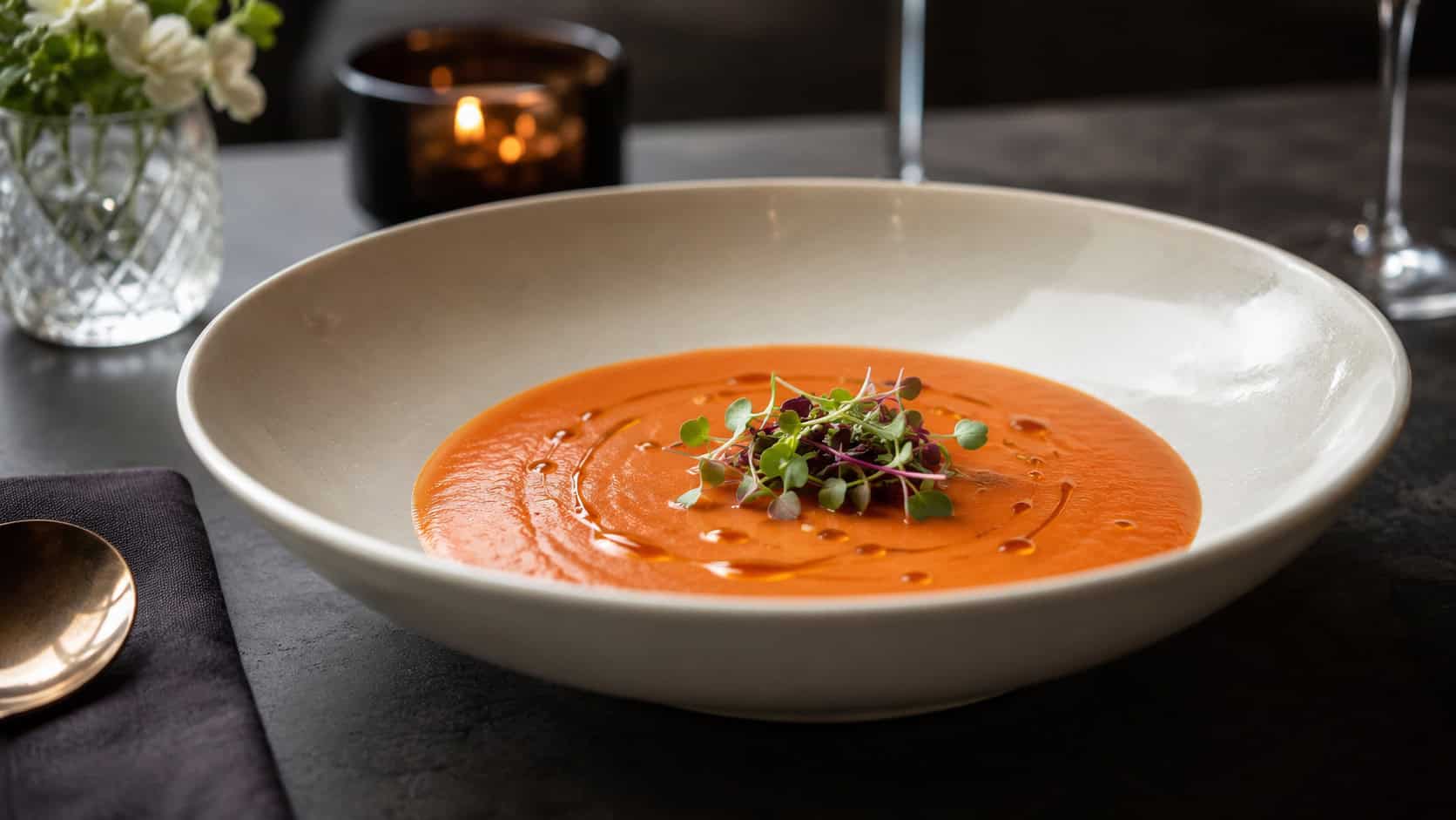 a luxurious smooth tomato soup in a wide elegant bowl with a delicate drizzle of truffle oil and microgreens, in a wide horizontal shot, on a dark refined table setting, natural light, shallow depth of field, landscape orientation