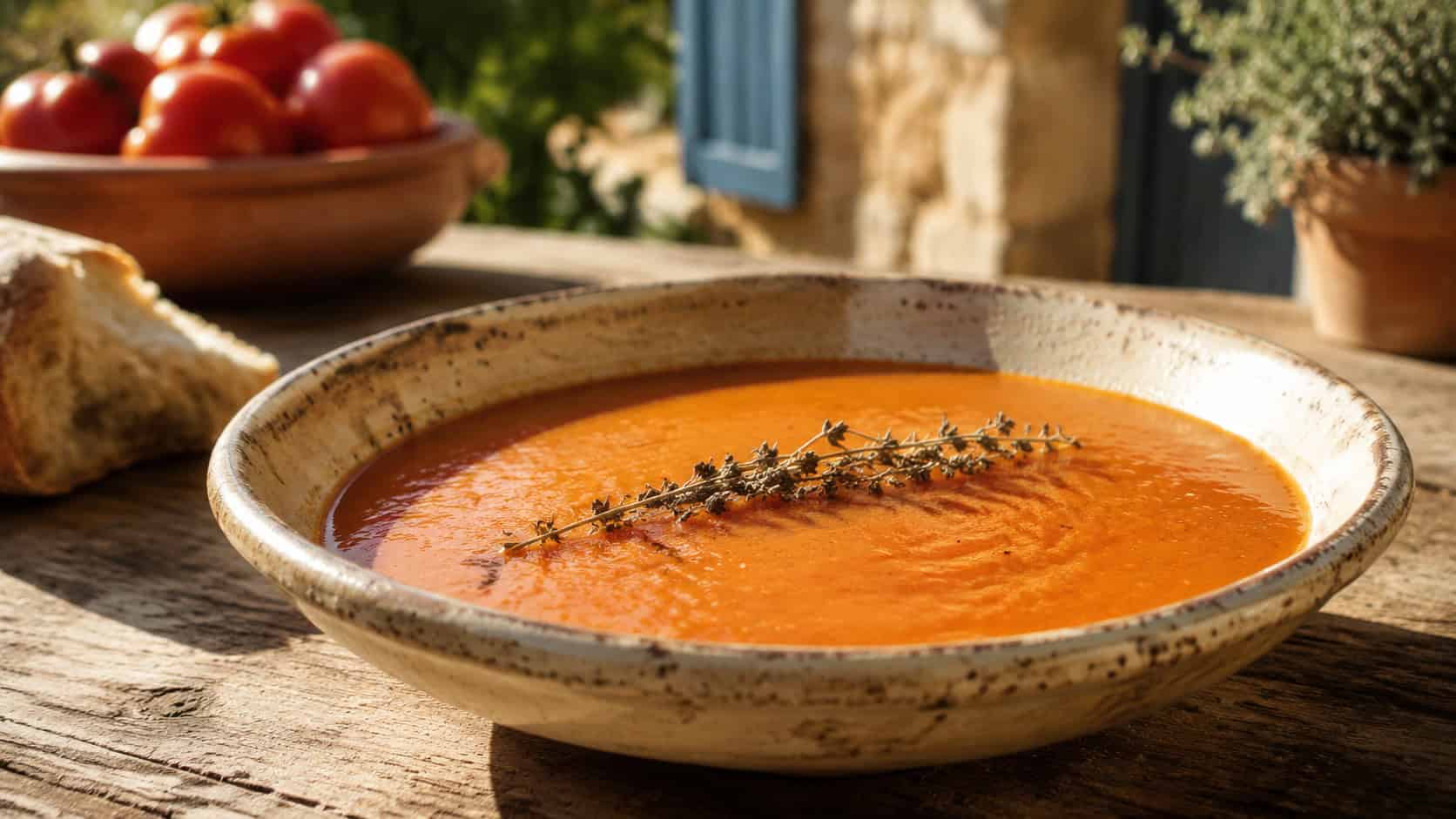 a smooth Provencal tomato soup in a wide rustic bowl garnished with a sprig of dried herbs, in a wide horizontal shot, on a sun-washed French country table, natural light, shallow depth of field, landscape orientation