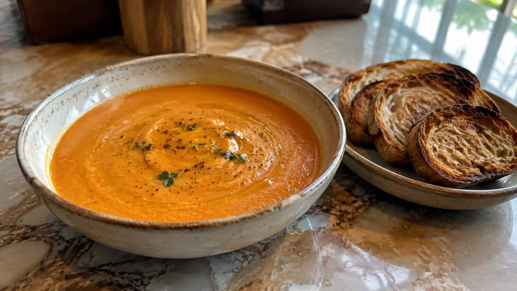 a smooth roasted garlic tomato soup in a wide ceramic bowl with a drizzle of olive oil and toasted bread on the side, in a wide horizontal shot, on a warm marble counter, natural light, shallow depth of field, landscape orientation