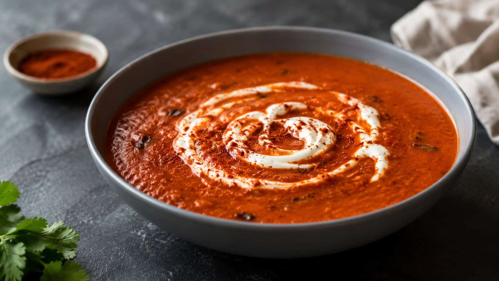 a deep red smoky chipotle tomato soup in a wide bowl with a swirl of sour cream and a sprinkle of smoked paprika, in a wide horizontal shot, on a dark slate surface, natural light, shallow depth of field, landscape orientation