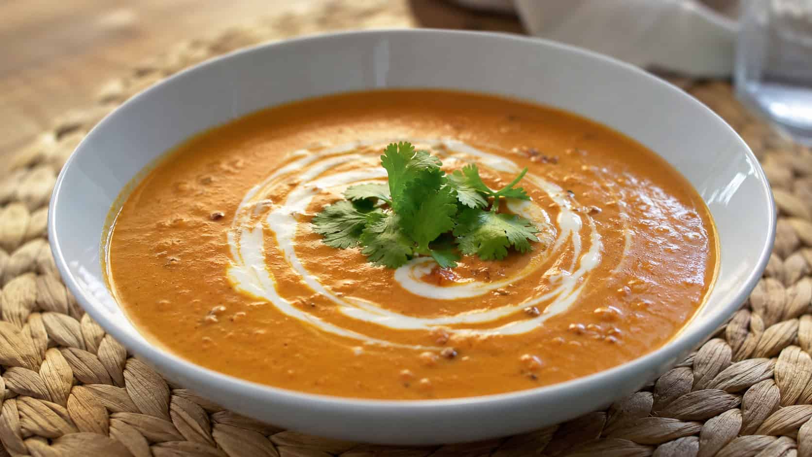 a golden-red curry tomato soup in a wide shallow bowl with a swirl of coconut milk and a cilantro garnish, in a wide horizontal shot, on a woven placemat, natural light, shallow depth of field, landscape orientation