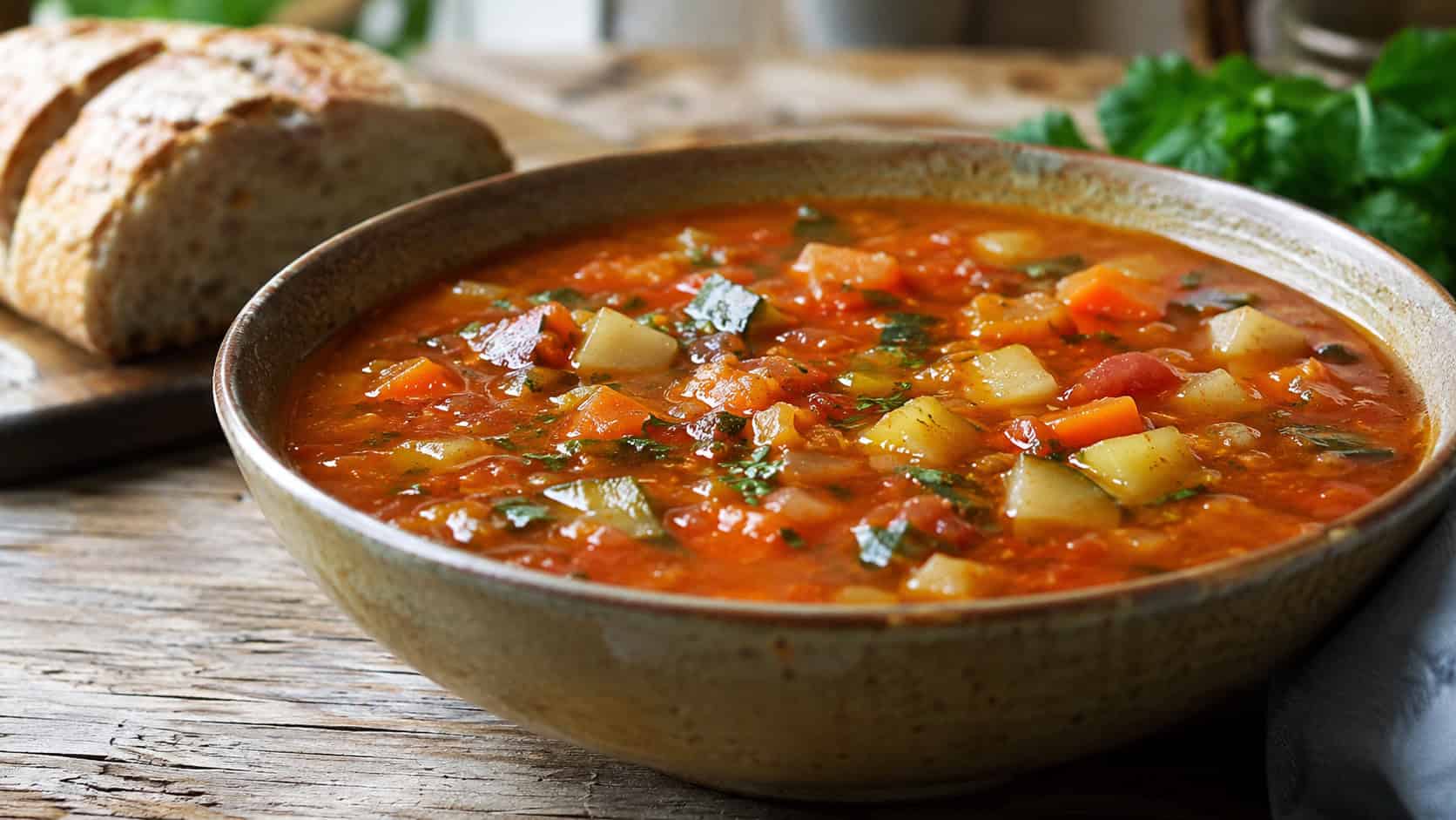 a chunky rustic vegetable tomato soup in a wide rustic bowl showing diced carrots, zucchini, and herbs, in a wide horizontal shot, on a farmhouse wooden table, natural light, shallow depth of field, landscape orientation