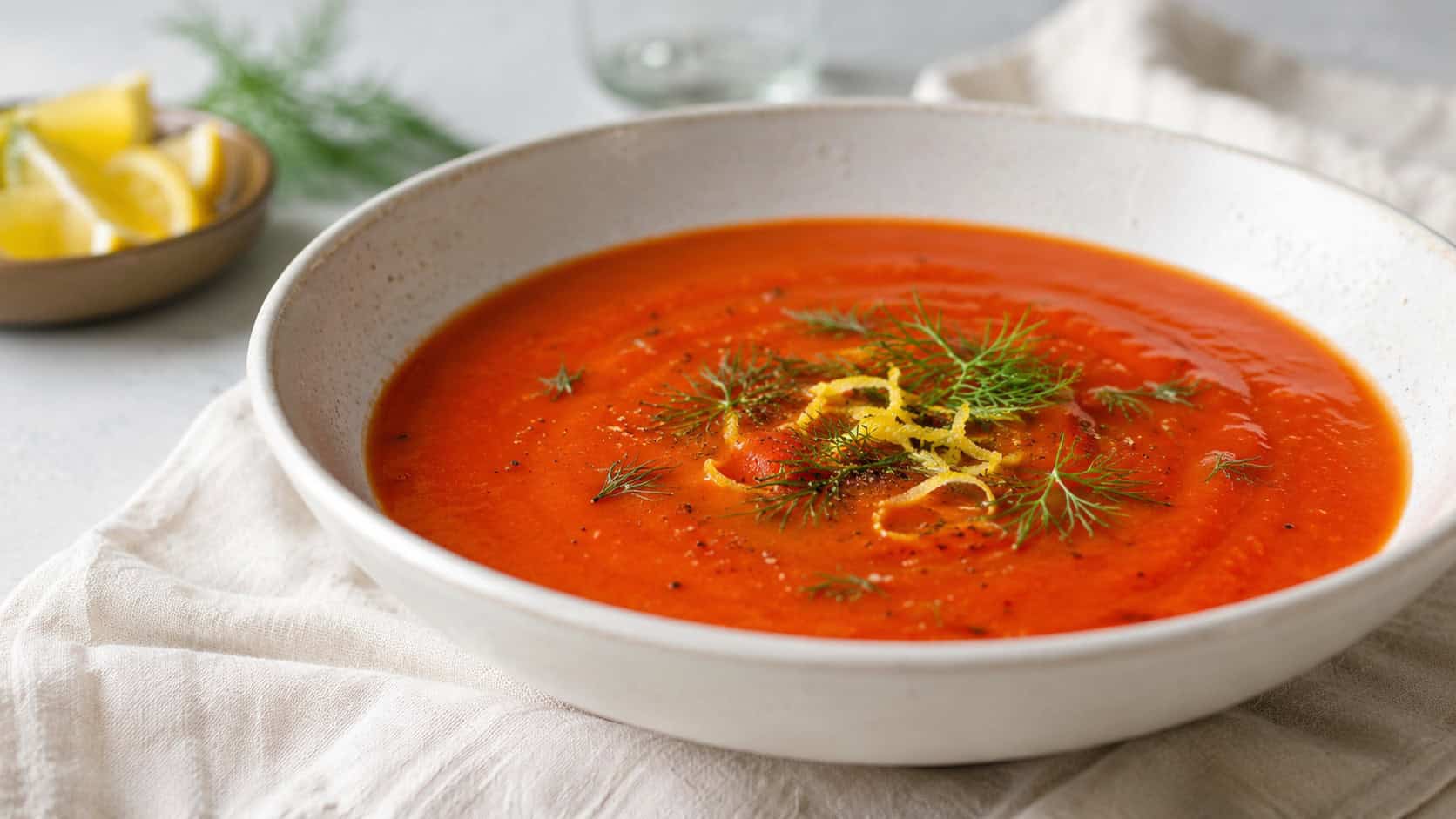 a bright tomato soup in a wide pale bowl garnished with lemon zest and fresh dill, in a wide horizontal shot, on a light linen napkin and pale table, natural light, shallow depth of field, landscape orientation