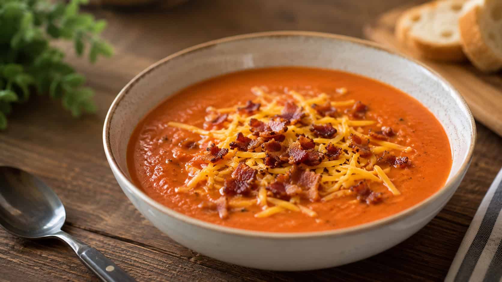 a rich tomato soup topped with shredded cheddar and crumbled crispy bacon in a wide bowl, in a wide horizontal shot, on a cozy wooden table, natural light, shallow depth of field, landscape orientation