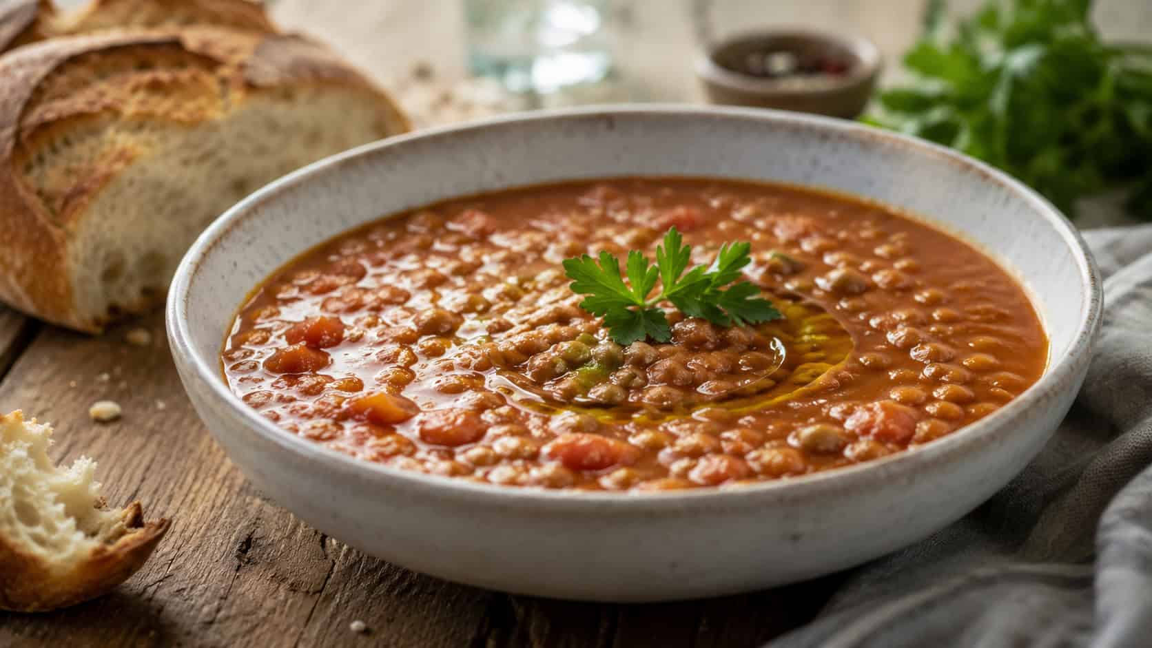 a thick hearty lentil tomato soup in a wide deep bowl with a drizzle of olive oil and a parsley sprig, in a wide horizontal shot, on a rustic table with crusty bread, natural light, shallow depth of field, landscape orientation