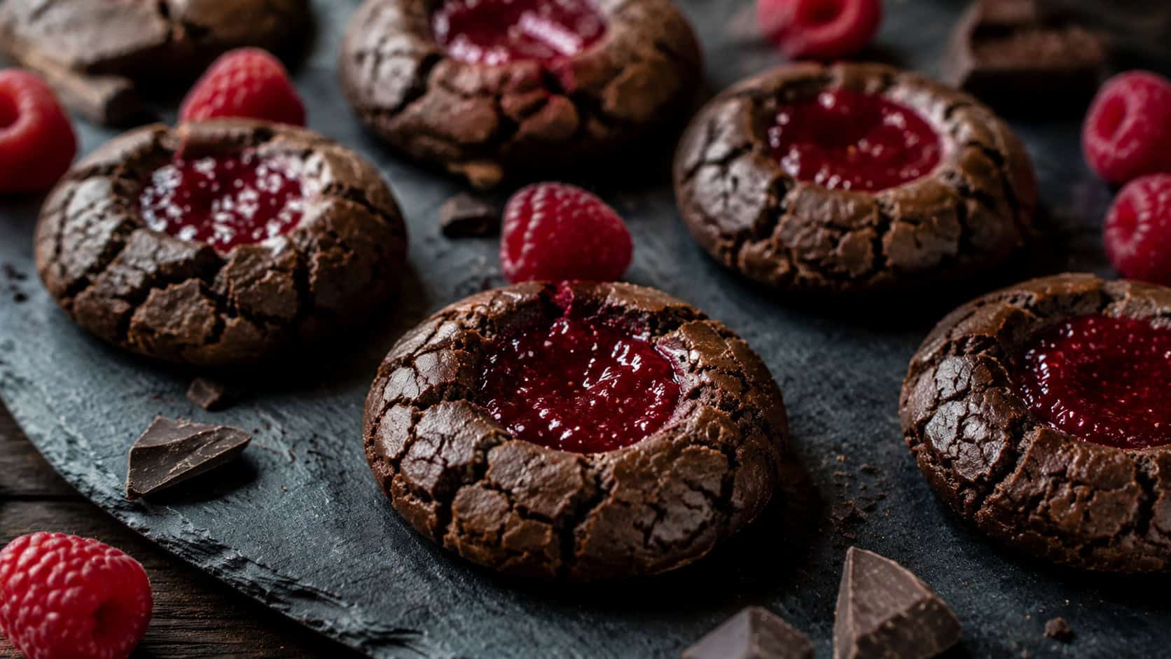dark fudgy crackle-topped cookies with shiny raspberry centers on a black slate board, in a wide horizontal shot, broken chocolate pieces and fresh raspberries around them, moody natural light, shallow depth of field, landscape orientation